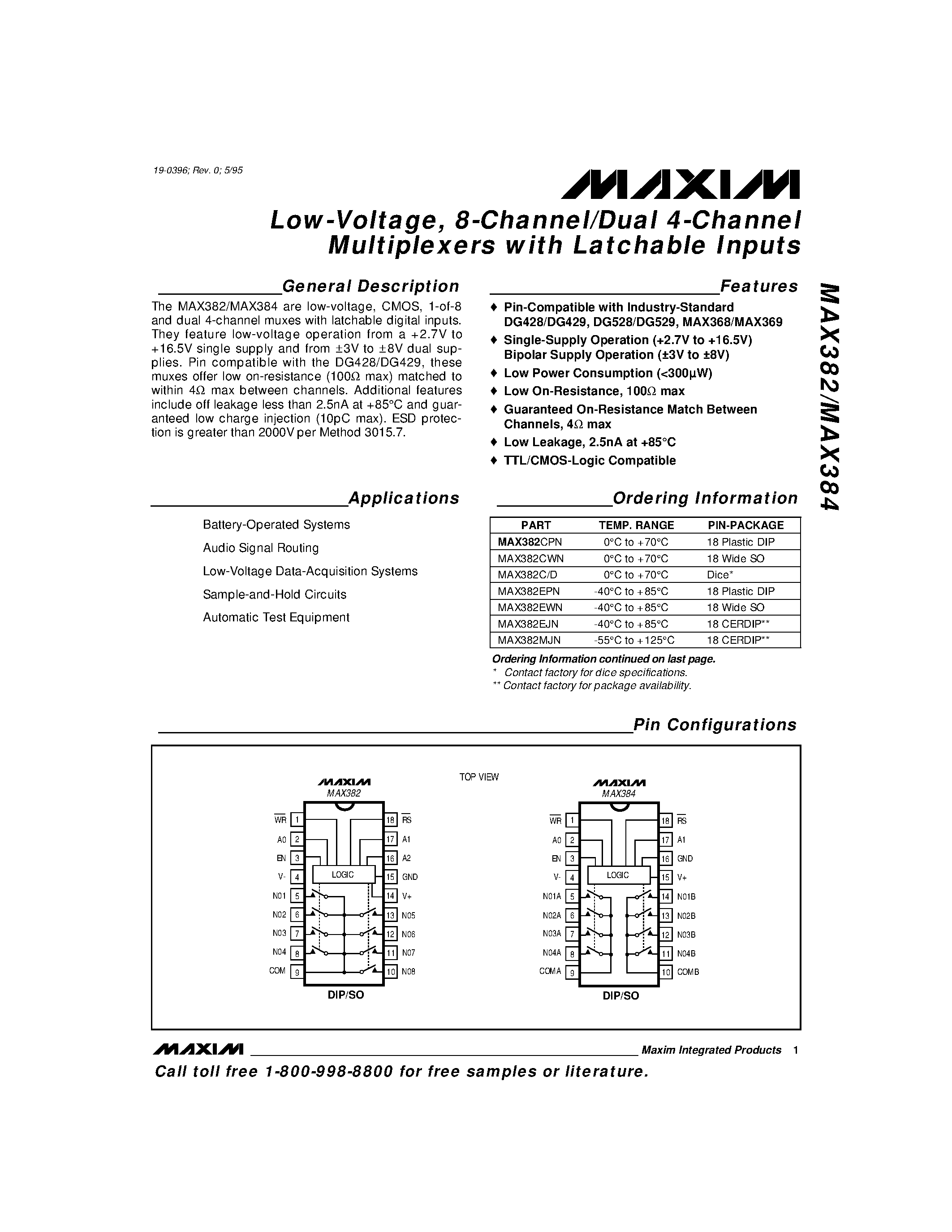 Datasheet MAX382 - Low-Voltage / 8-Channel/Dual 4-Channel Multiplexers with Latchable Inputs page 1