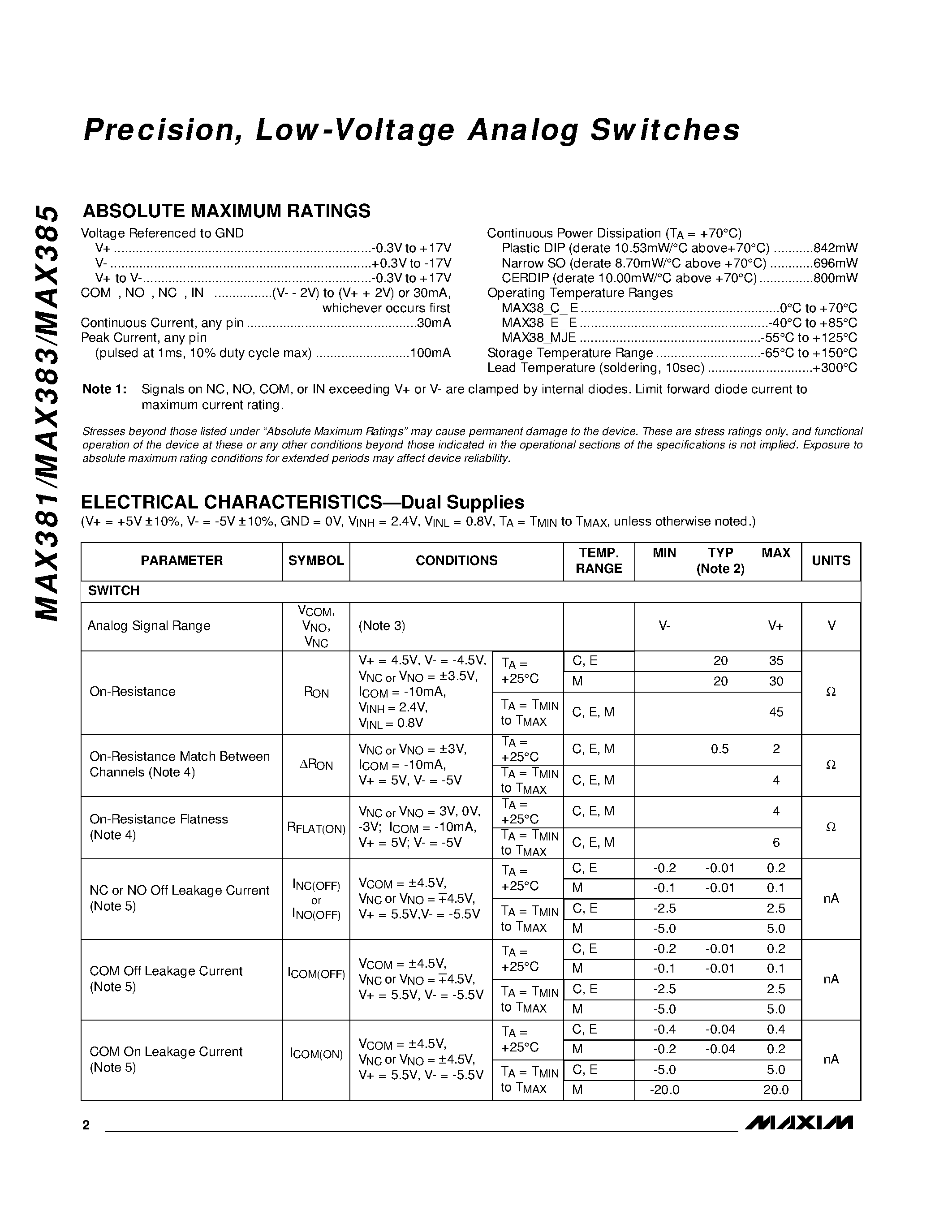 Datasheet MAX383 - Precision / Low-Voltage Analog Switches page 2