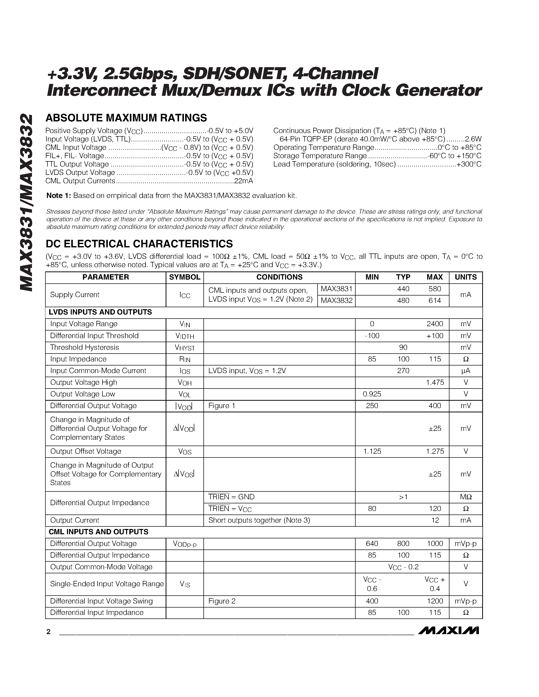 Даташит на микросхему MAX3831 страница 2 Даташит MAX3831 - +3.3V / 2.5Gbps / SDH/SONET / 4-Channel Interconnect Mux/Demux ICs with Clock Generator страница 2