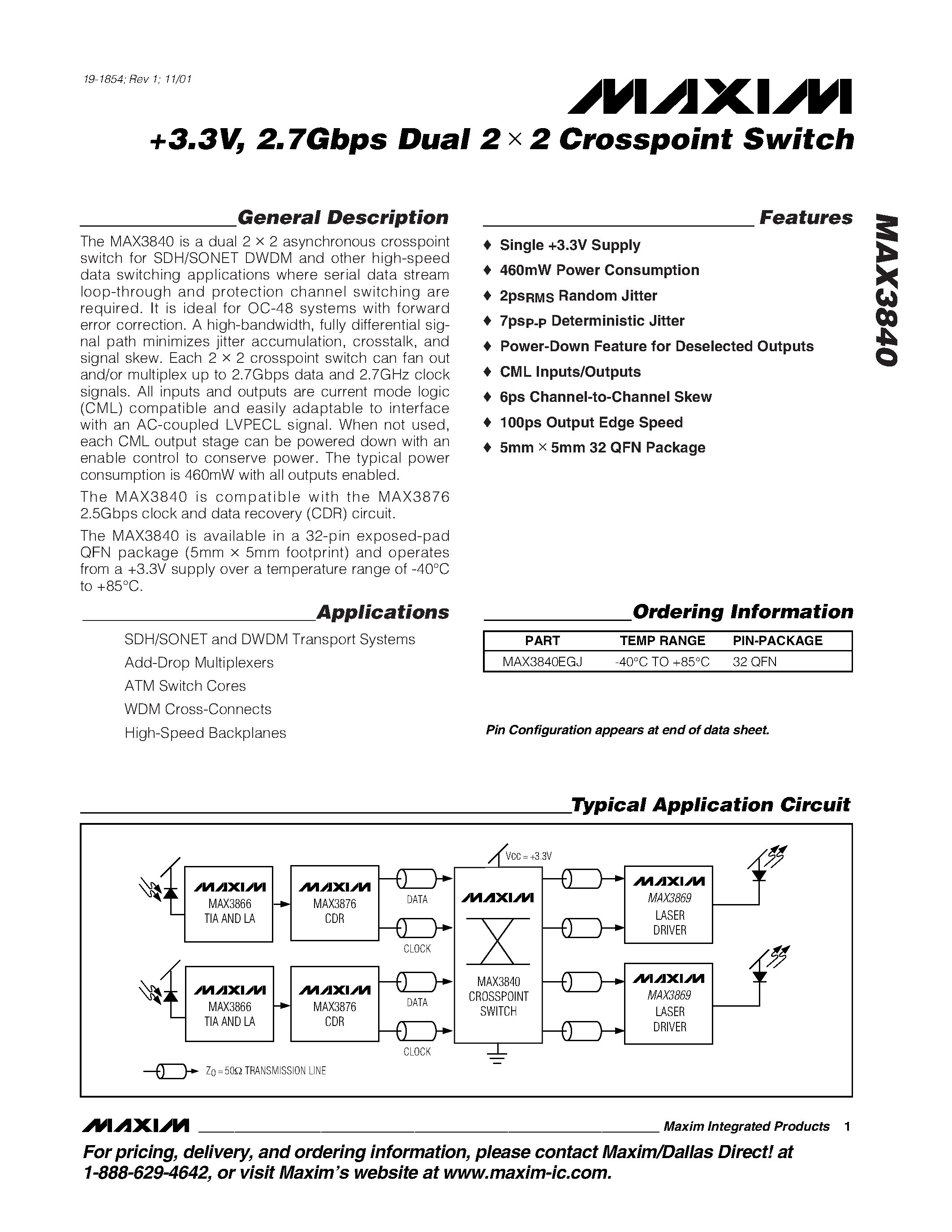 Datasheet MAX3840 - +3.3V / 2.7Gbps Dual 2 . 2 Crosspoint Switch page 1
