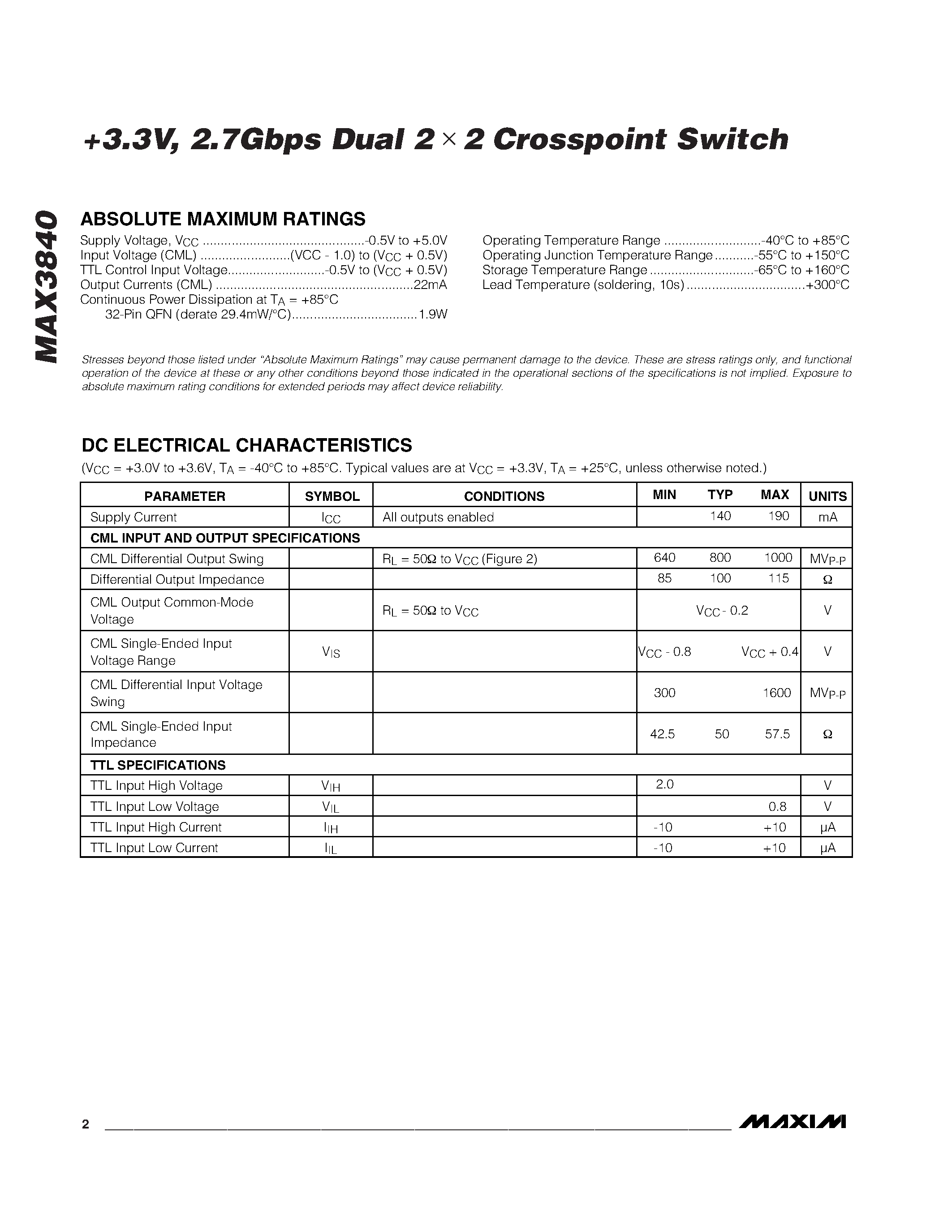 Datasheet MAX3840 - +3.3V / 2.7Gbps Dual 2 . 2 Crosspoint Switch page 2