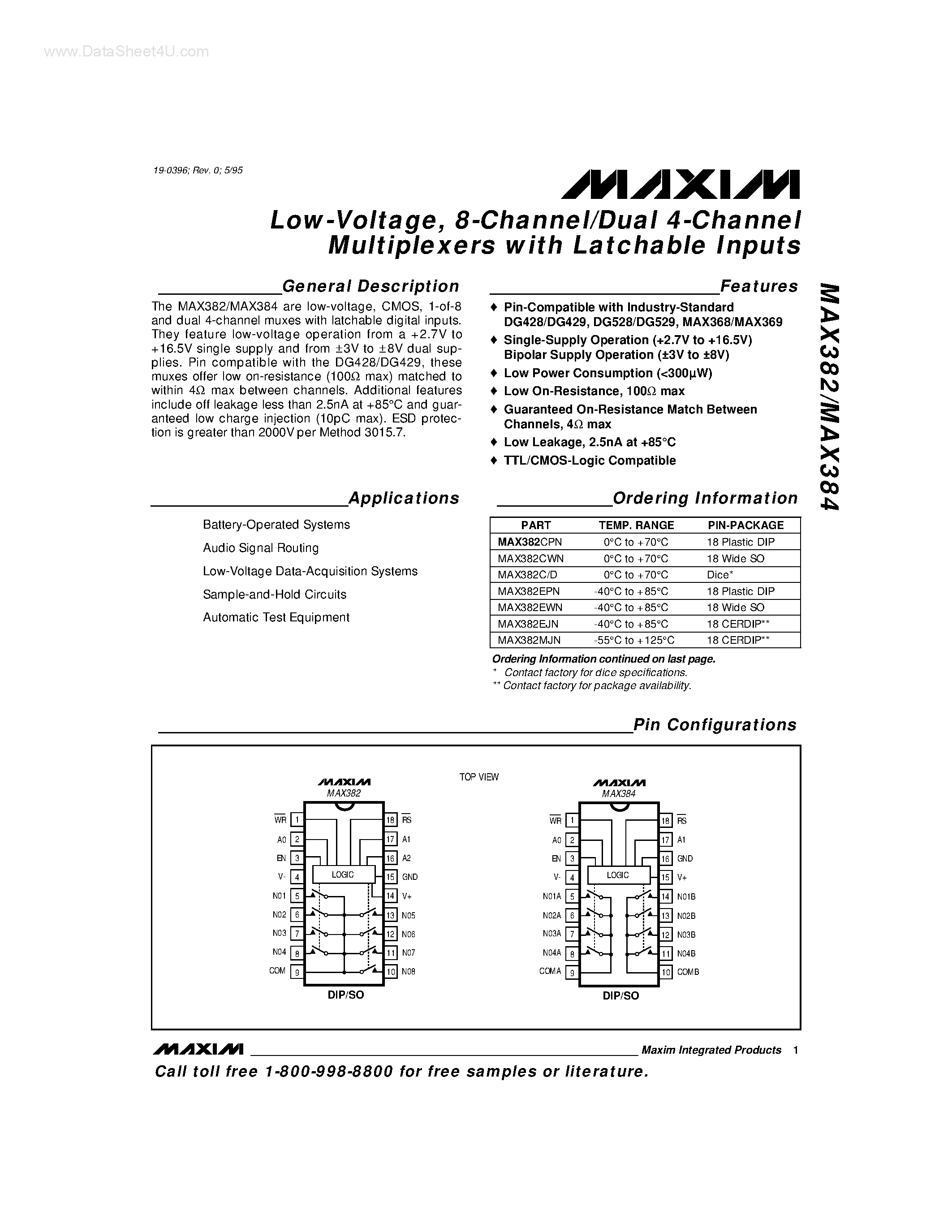 Datasheet MAX384CPN - Low-Voltage / 8-Channel/Dual 4-Channel Multiplexers with Latchable Inputs page 1