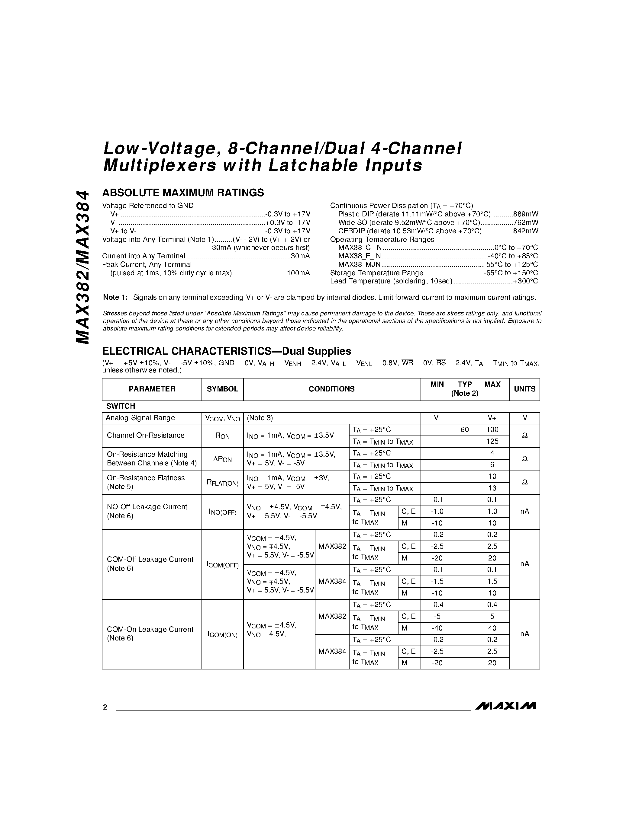 Datasheet MAX384EPN - Low-Voltage / 8-Channel/Dual 4-Channel Multiplexers with Latchable Inputs page 2