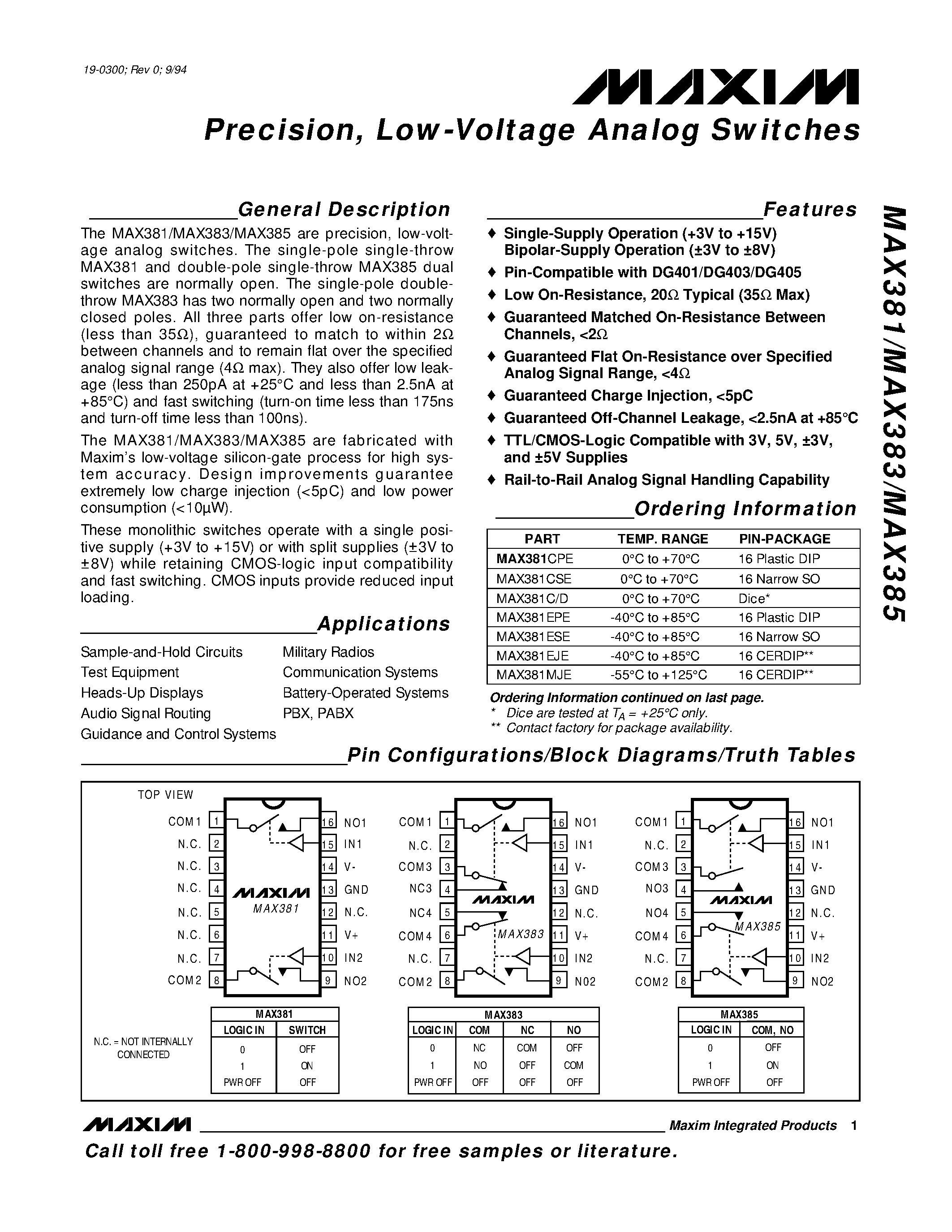 Datasheet MAX385 - Precision / Low-Voltage Analog Switches page 1