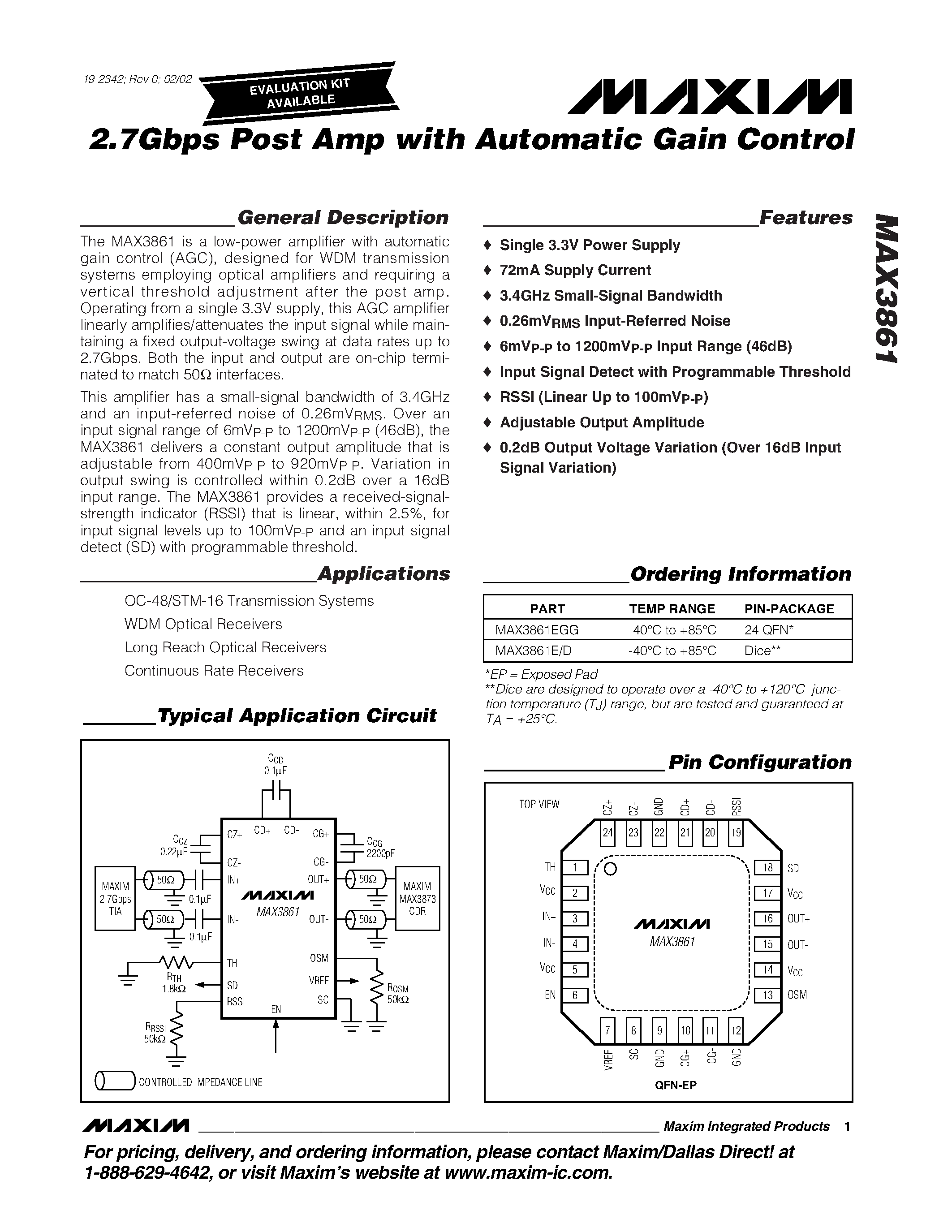 Datasheet MAX3861 - 2.7Gbps Post Amp with Automatic Gain Control page 1
