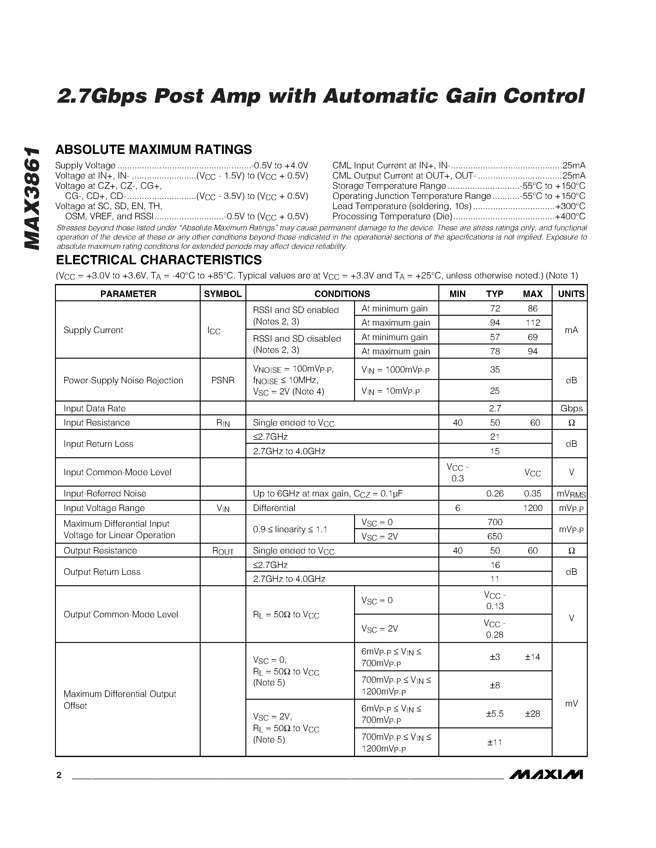 Datasheet MAX3861 - 2.7Gbps Post Amp with Automatic Gain Control page 2