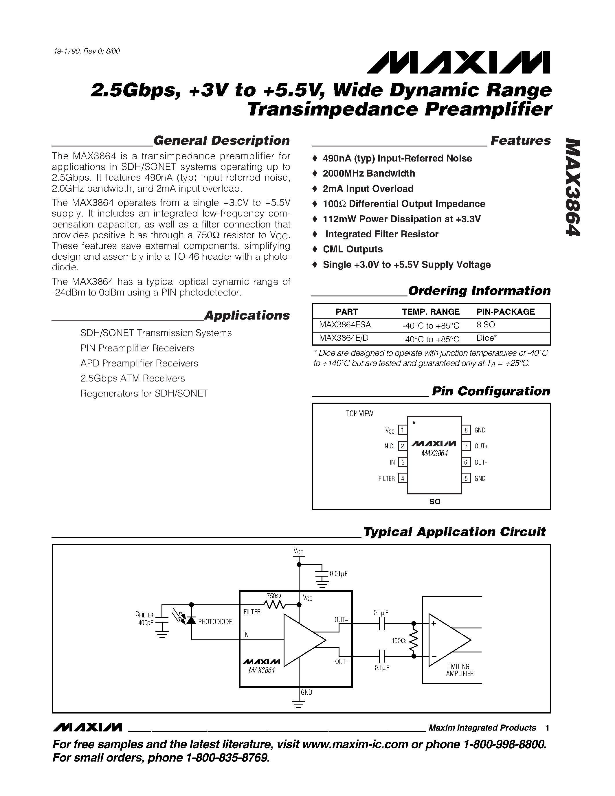 Datasheet MAX3864 - 2.5Gbps / +3V to +5.5V / Wide Dynamic Range Transimpedance Preamplifier page 1