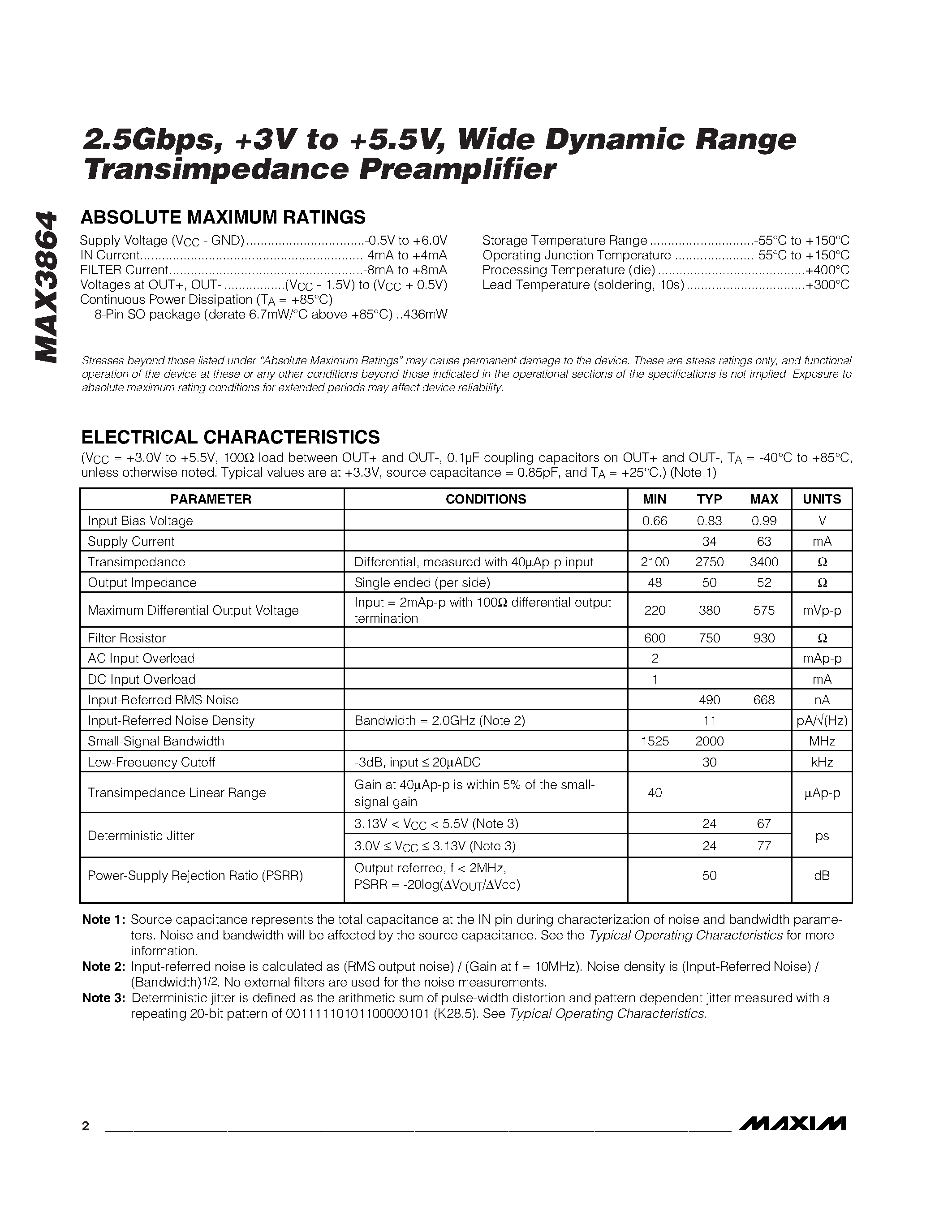 Datasheet MAX3864 - 2.5Gbps / +3V to +5.5V / Wide Dynamic Range Transimpedance Preamplifier page 2