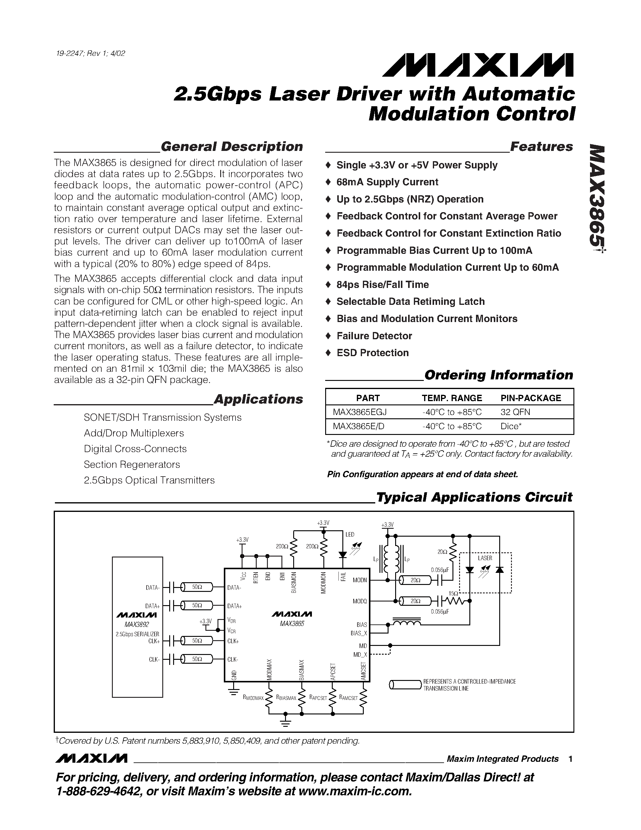 Даташит MAX3865 - 2.5Gbps Laser Driver with Automatic Modulation Control страница 1