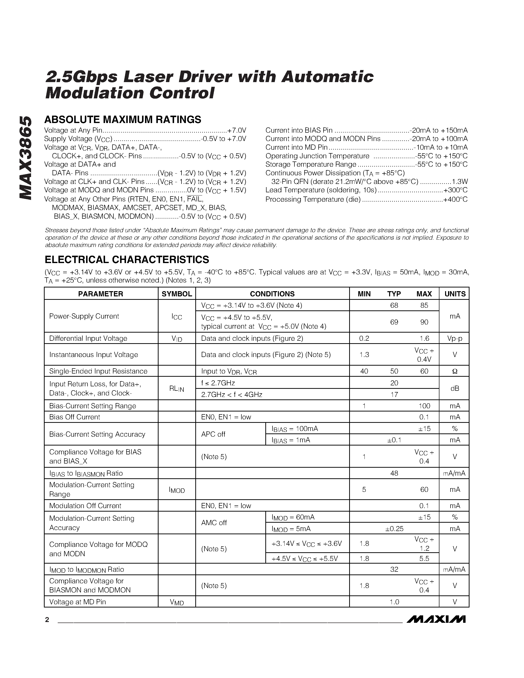 Datasheet MAX3865EGJ - 2.5Gbps Laser Driver with Automatic Modulation Control page 2