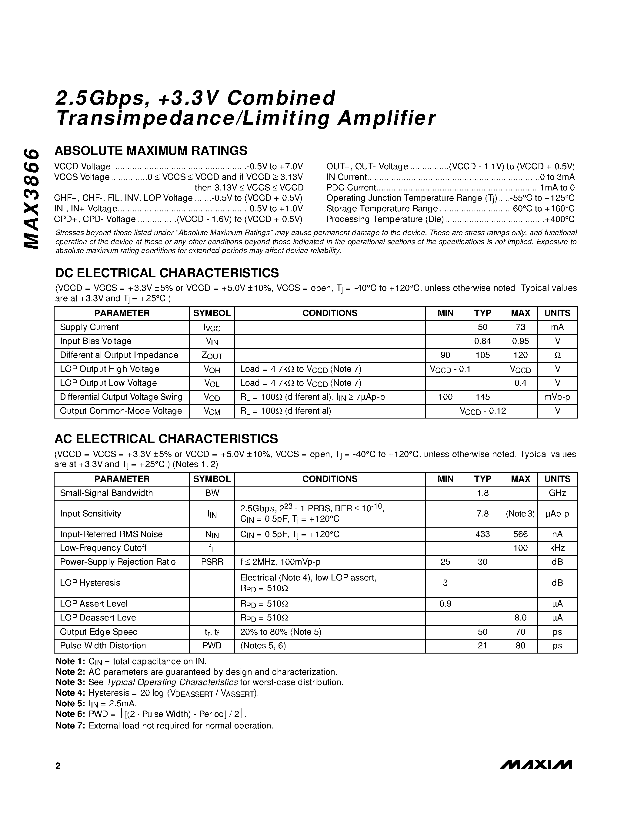 Datasheet MAX3866 - 2.5Gbps / +3.3V Combined Transimpedance/Limiting Amplifier page 2