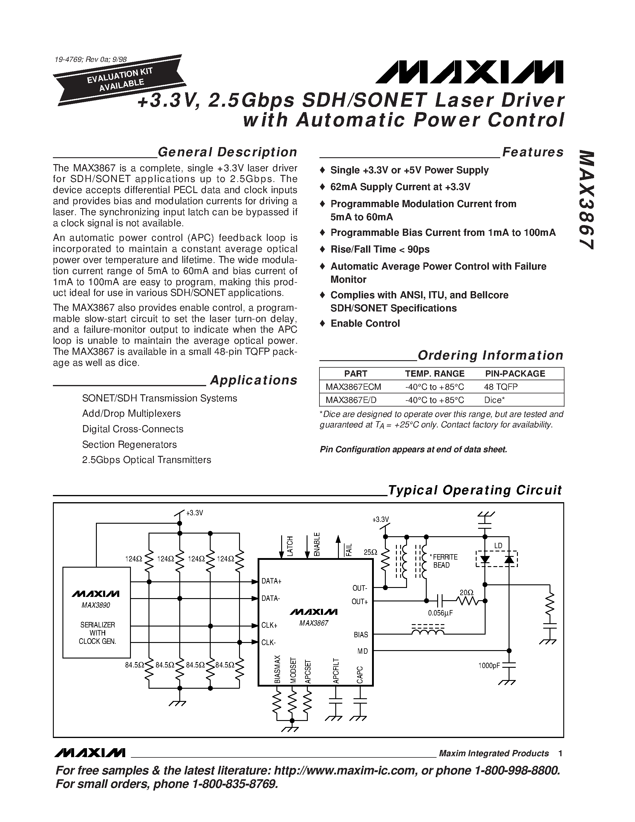 Datasheet MAX3867ECM - +3.3V / 2.5Gbps SDH/SONET Laser Driver with Automatic Power Control page 1