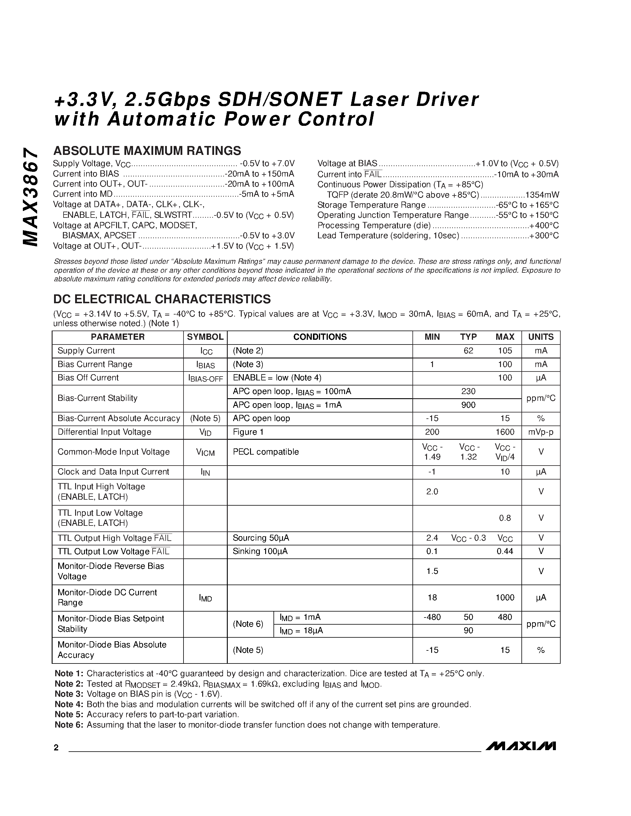 Datasheet MAX3867ECM - +3.3V / 2.5Gbps SDH/SONET Laser Driver with Automatic Power Control page 2