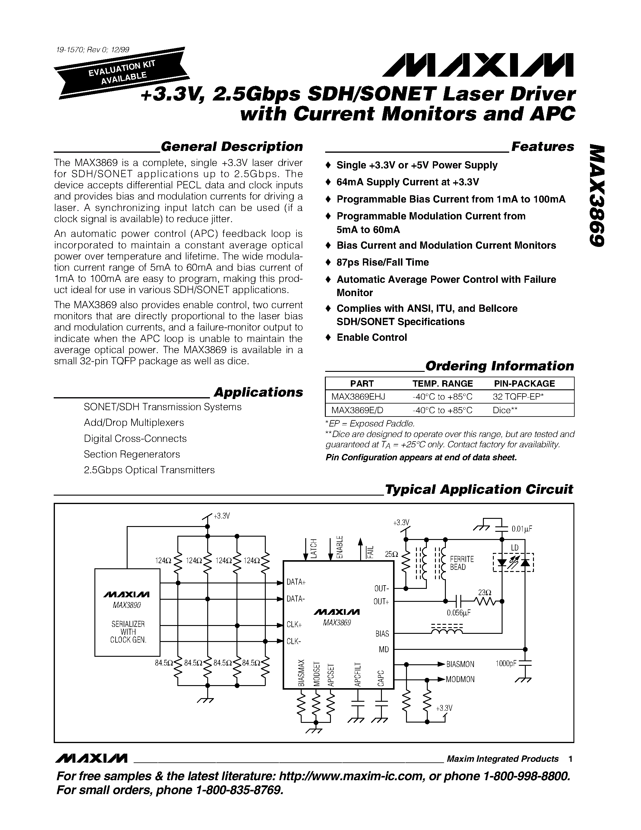 Datasheet MAX3869 - +3.3V / 2.5Gbps SDH/SONET Laser Driver with Current Monitors and APC page 1
