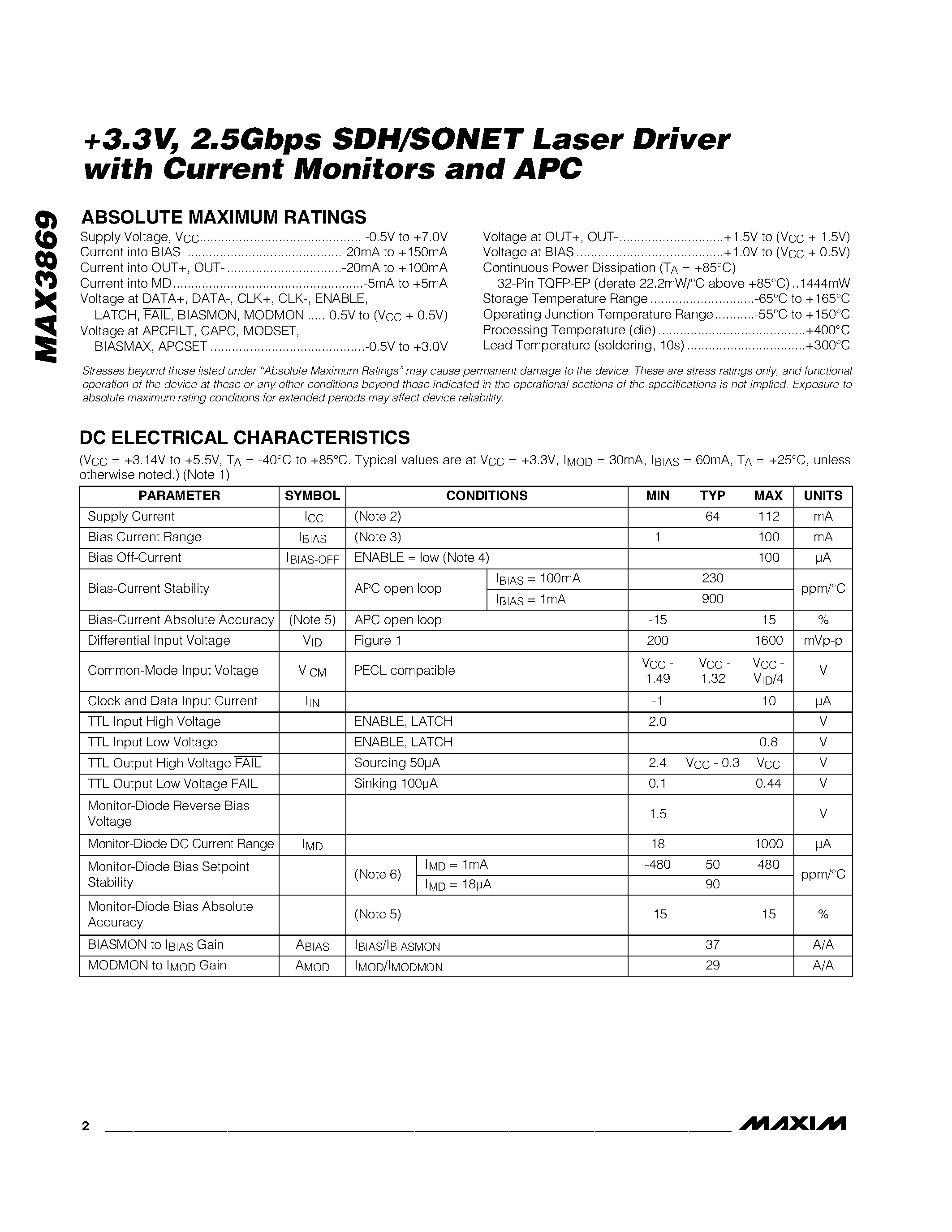Datasheet MAX3869 - +3.3V / 2.5Gbps SDH/SONET Laser Driver with Current Monitors and APC page 2