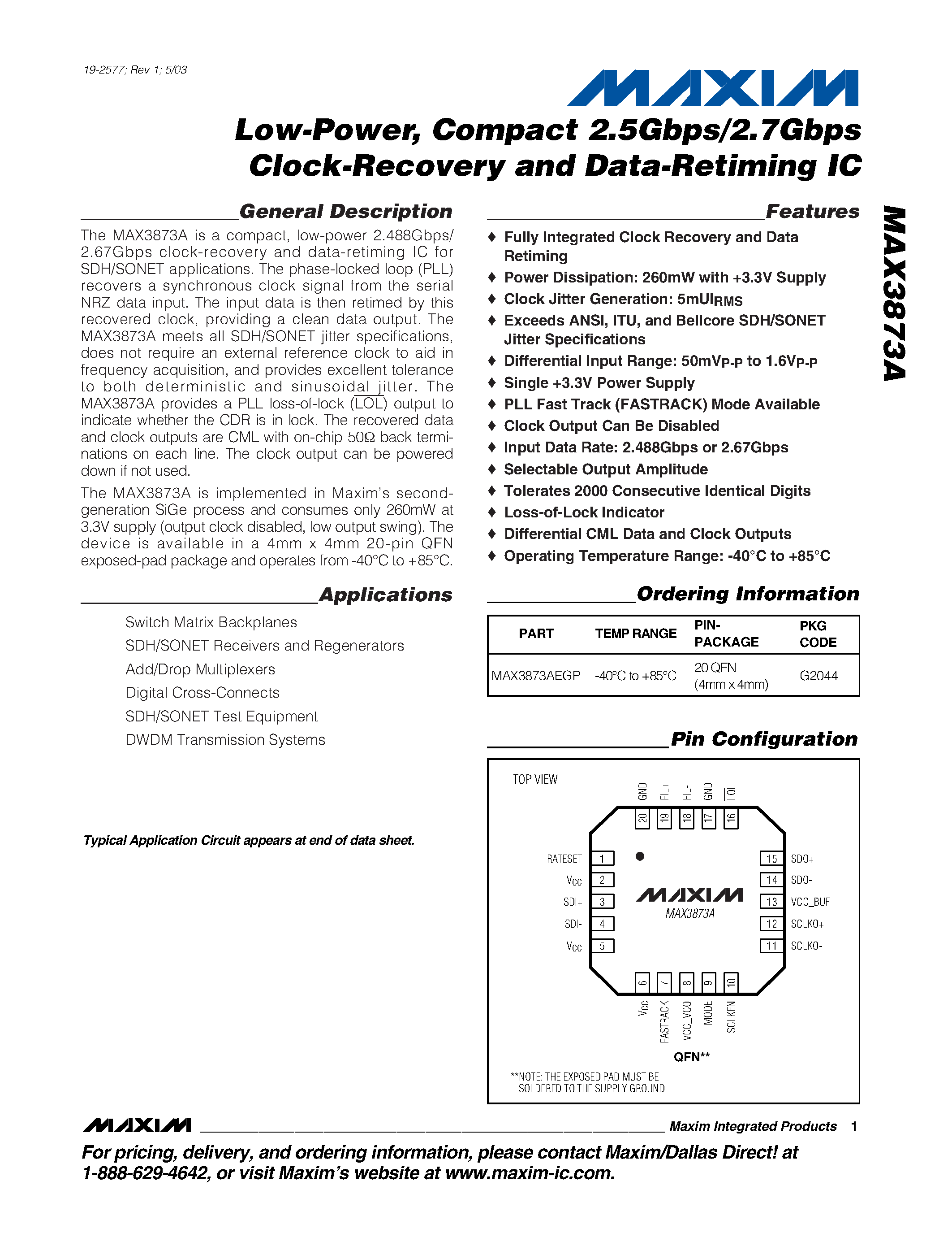 Datasheet MAX3873A - Low-Power / Compact 2.5Gbps/2.7Gbps Clock-Recovery and Data-Retiming IC page 1