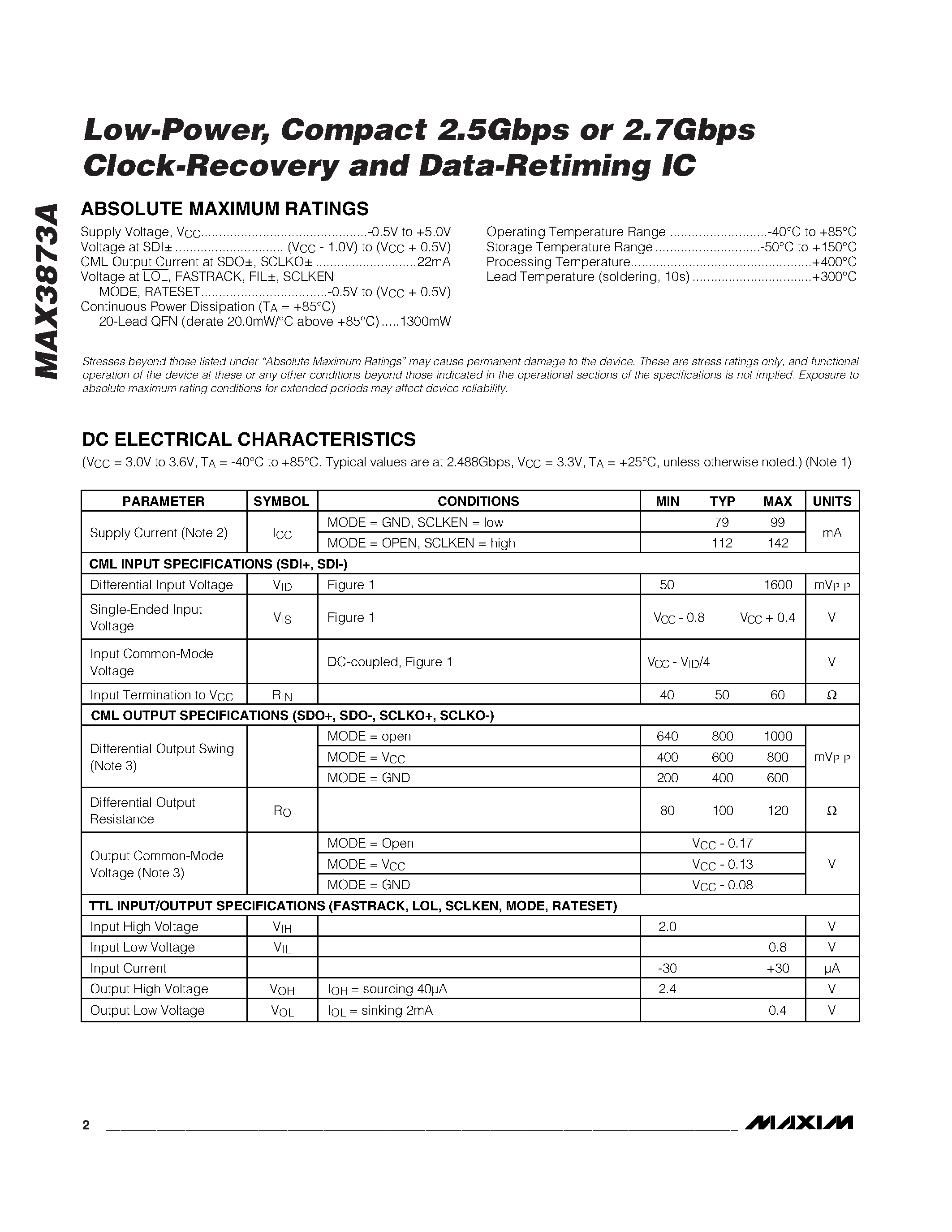 Datasheet MAX3873AEGP - Low-Power / Compact 2.5Gbps/2.7Gbps Clock-Recovery and Data-Retiming IC page 2