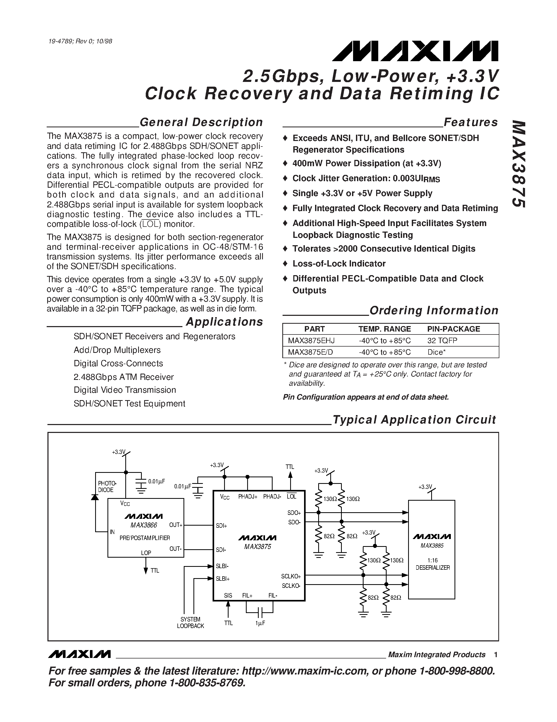 Datasheet MAX3875 - 2.5Gbps / Low-Power / #.3V Clock Recovery and Data Retiming IC page 1