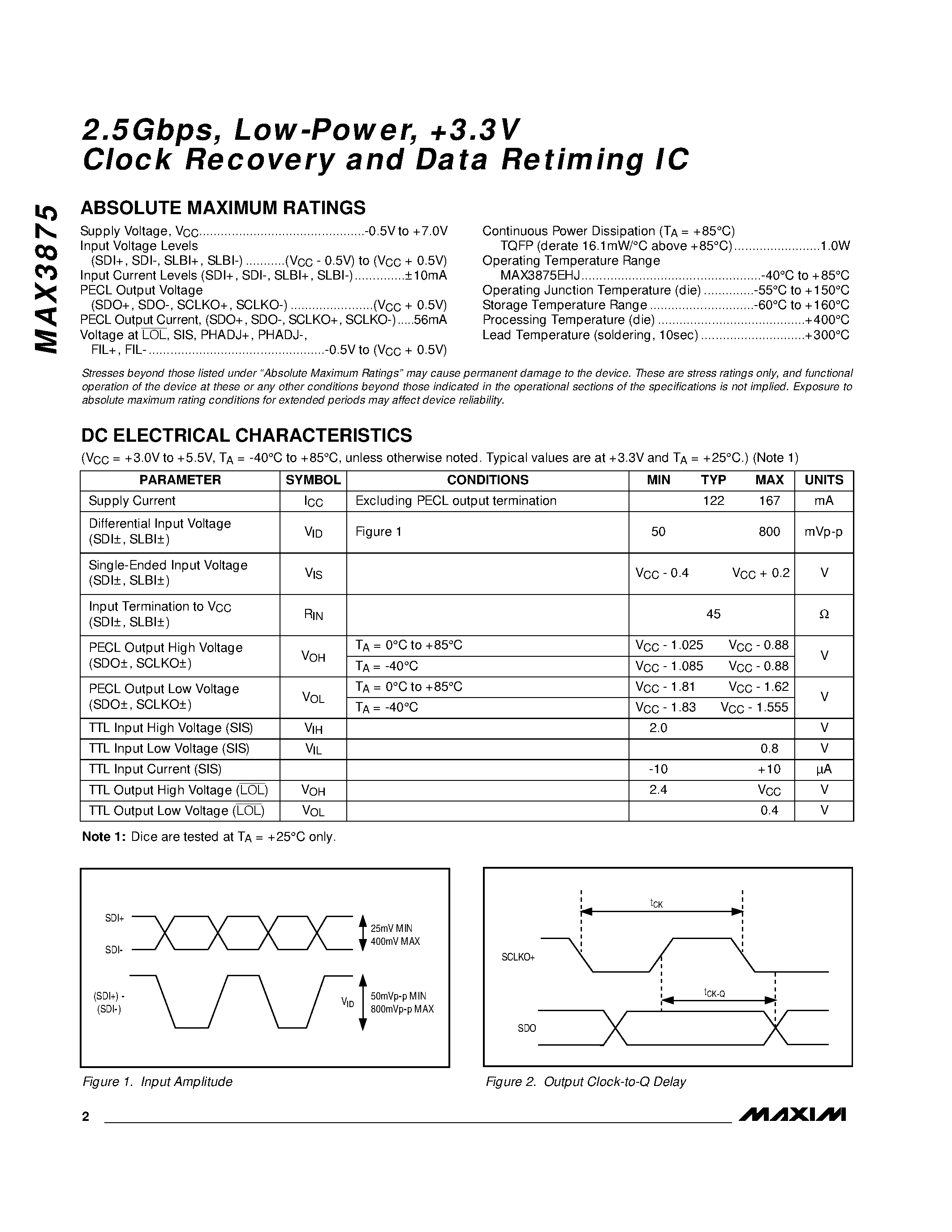Datasheet MAX3875 - 2.5Gbps / Low-Power / #.3V Clock Recovery and Data Retiming IC page 2