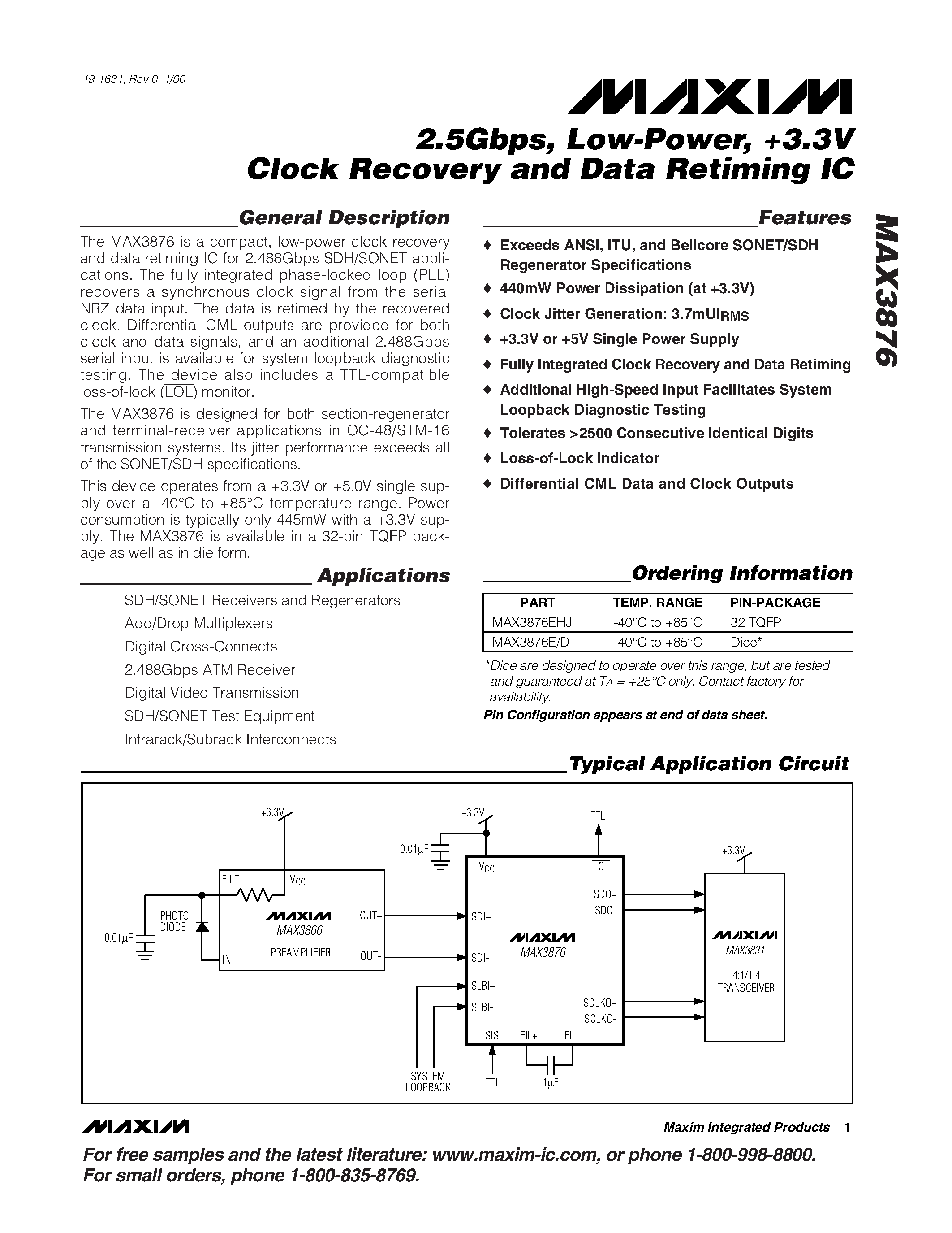Datasheet MAX3876EHJ - 2.5Gbps / Low-Power / #.3V Clock Recovery and Data Retiming IC page 1