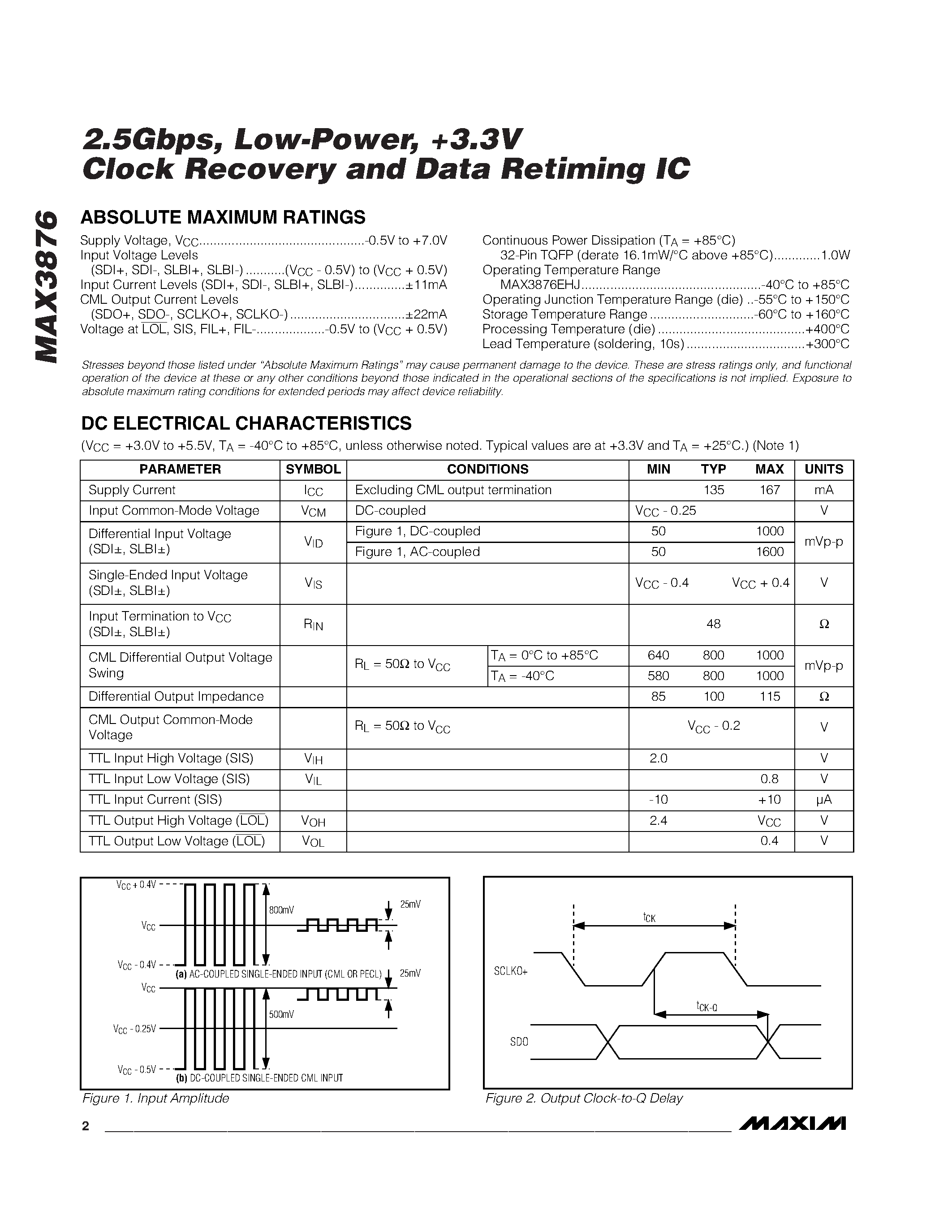 Datasheet MAX3876EHJ - 2.5Gbps / Low-Power / #.3V Clock Recovery and Data Retiming IC page 2