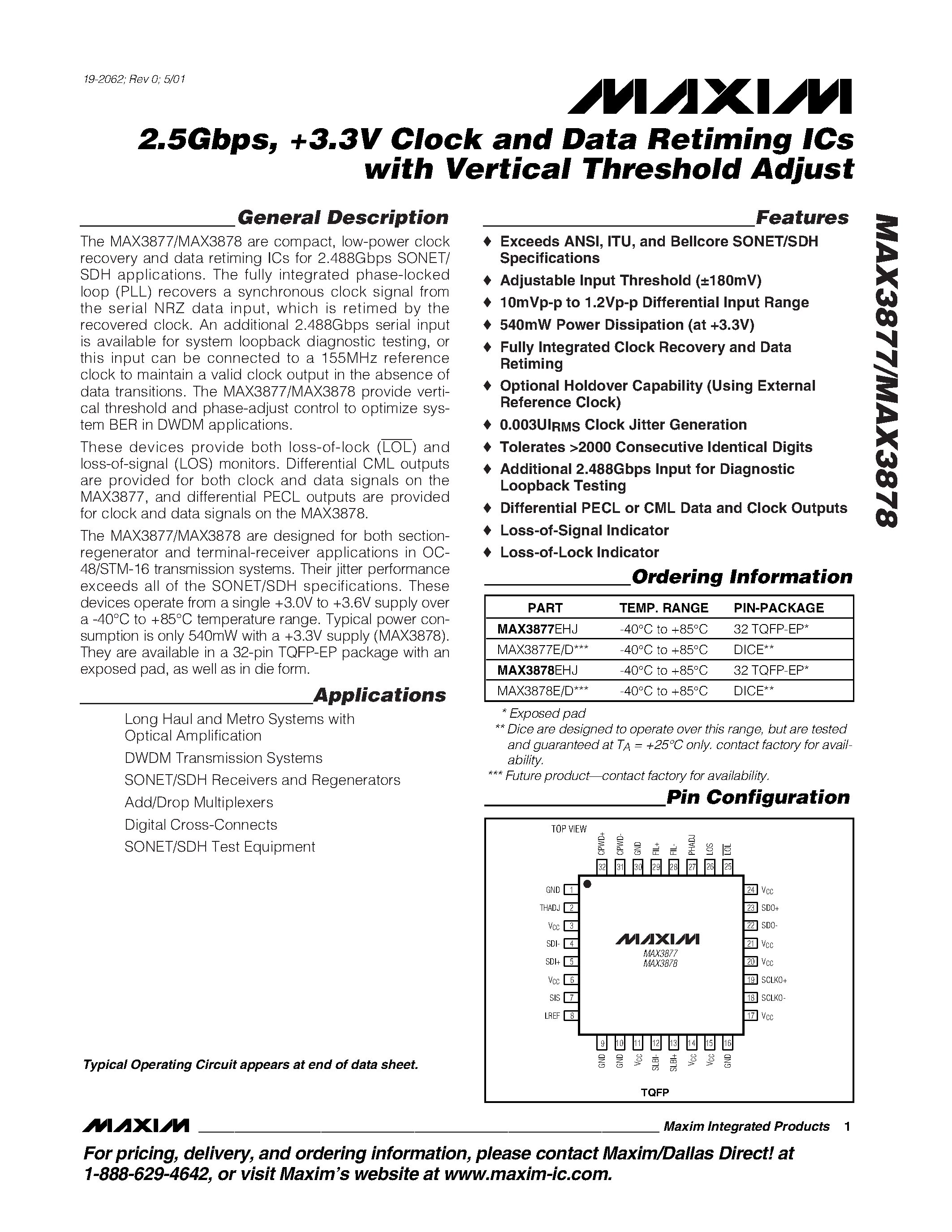 Datasheet MAX3877EHJ - 2.5Gbps / +3.3V Clock and Data Retiming ICs with Vertical Threshold Adjust page 1