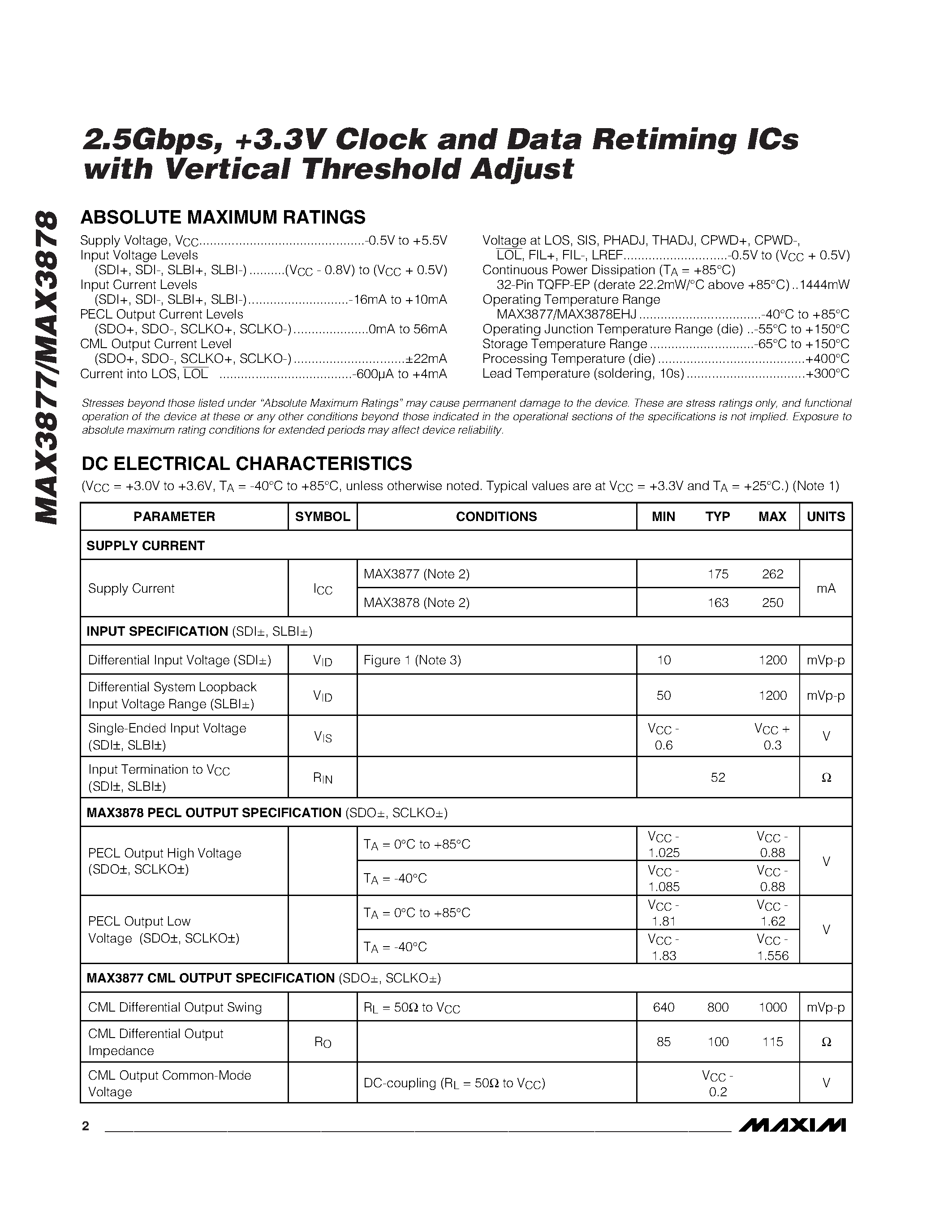 Datasheet MAX3878EHJ - 2.5Gbps / +3.3V Clock and Data Retiming ICs with Vertical Threshold Adjust page 2