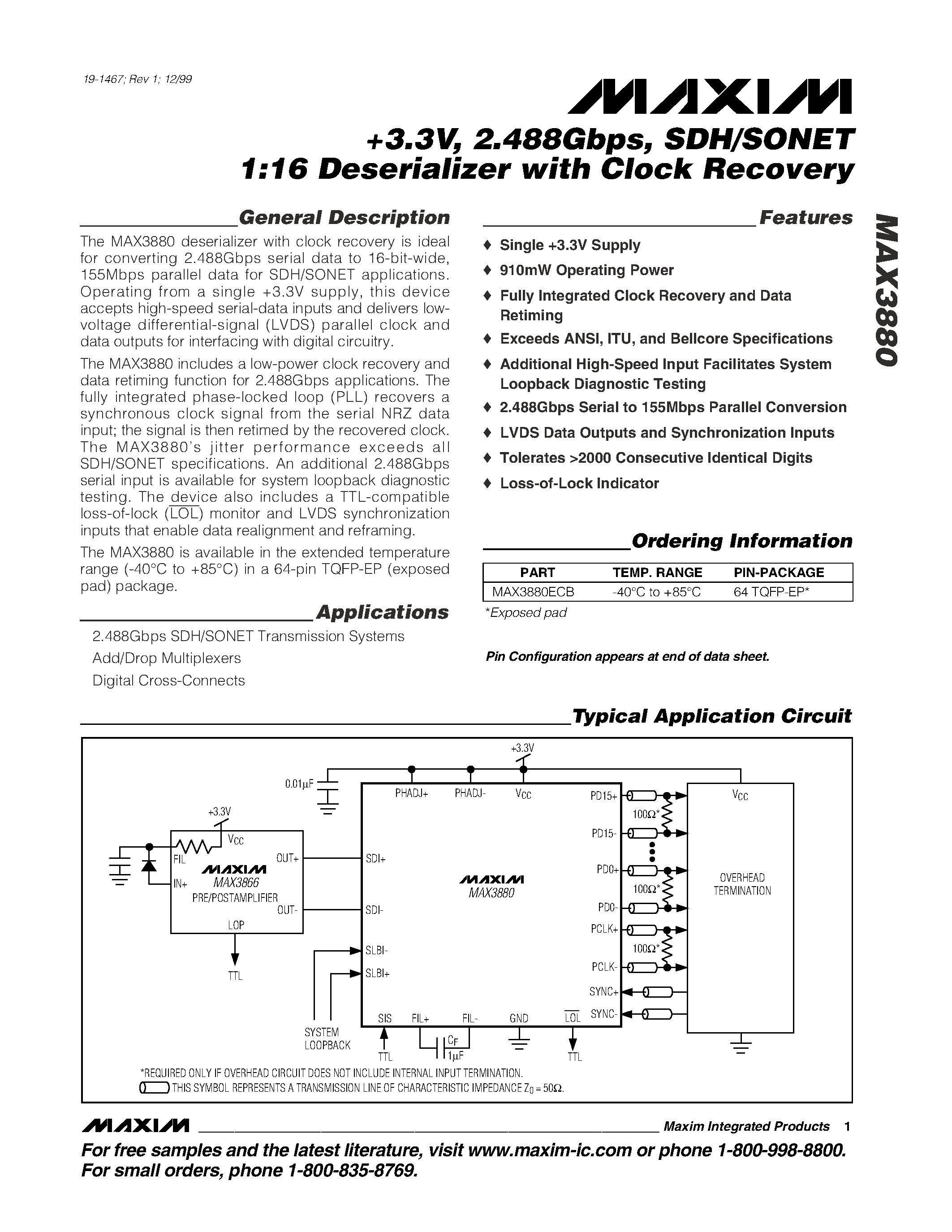 Datasheet MAX3880 - +3.3V / 2.488Gbps / SDH/SONET 1:16 Deserializer with Clock Recovery page 1