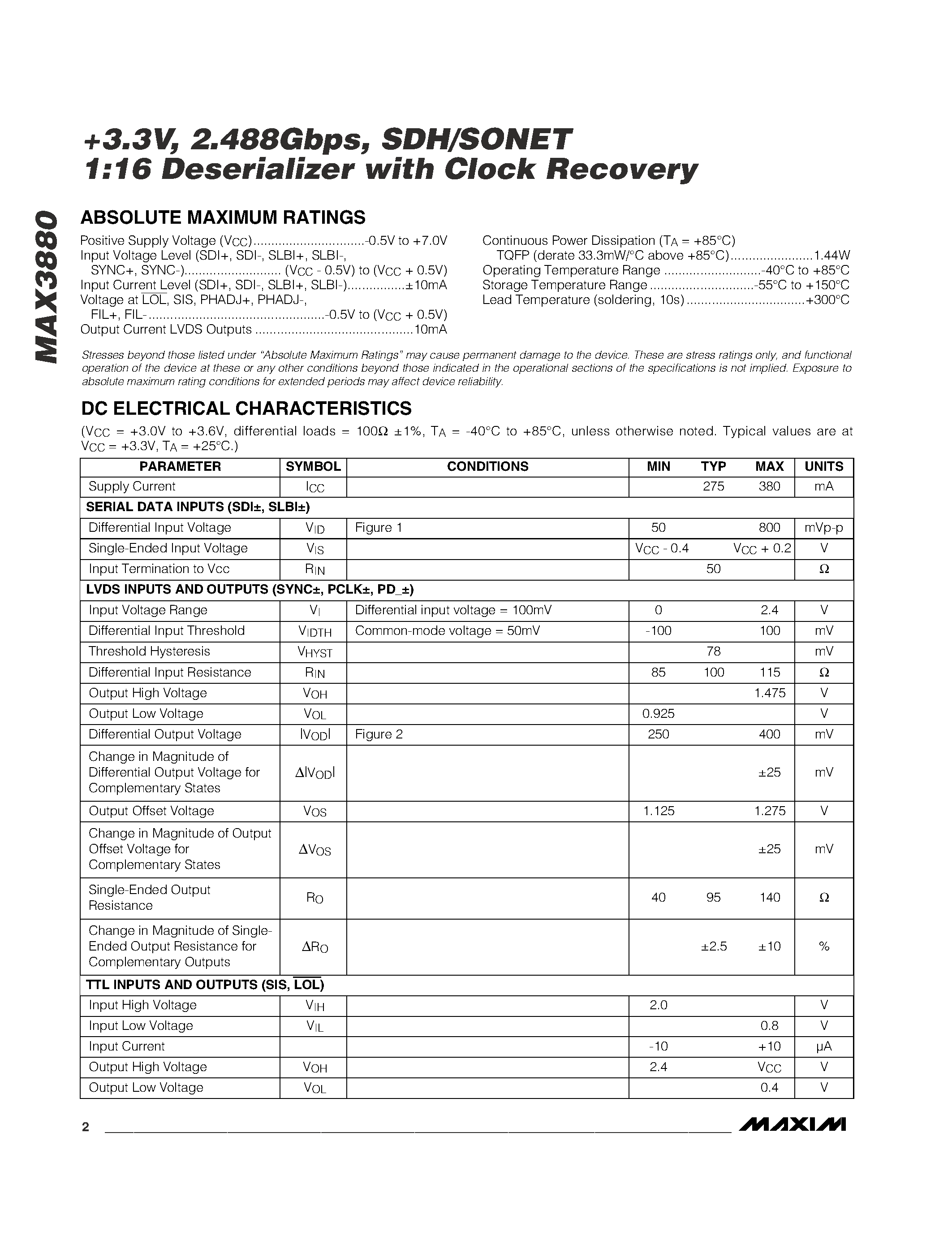 Datasheet MAX3880EC - +3.3V / 2.488Gbps / SDH/SONET 1:16 Deserializer with Clock Recovery page 2
