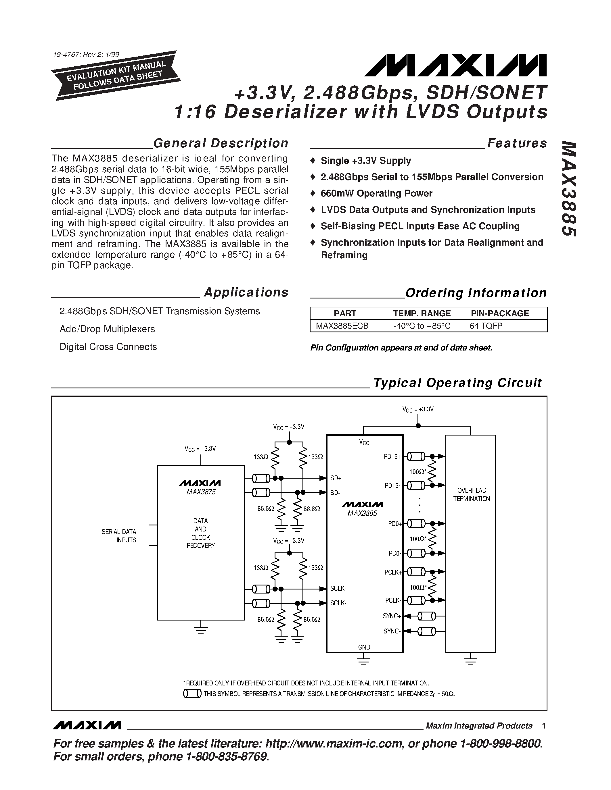 Datasheet MAX3885ECB - +3.3V / 2.488Gbps / SDH/SONET 1:16 Deserializer with LVDS Outputs page 1