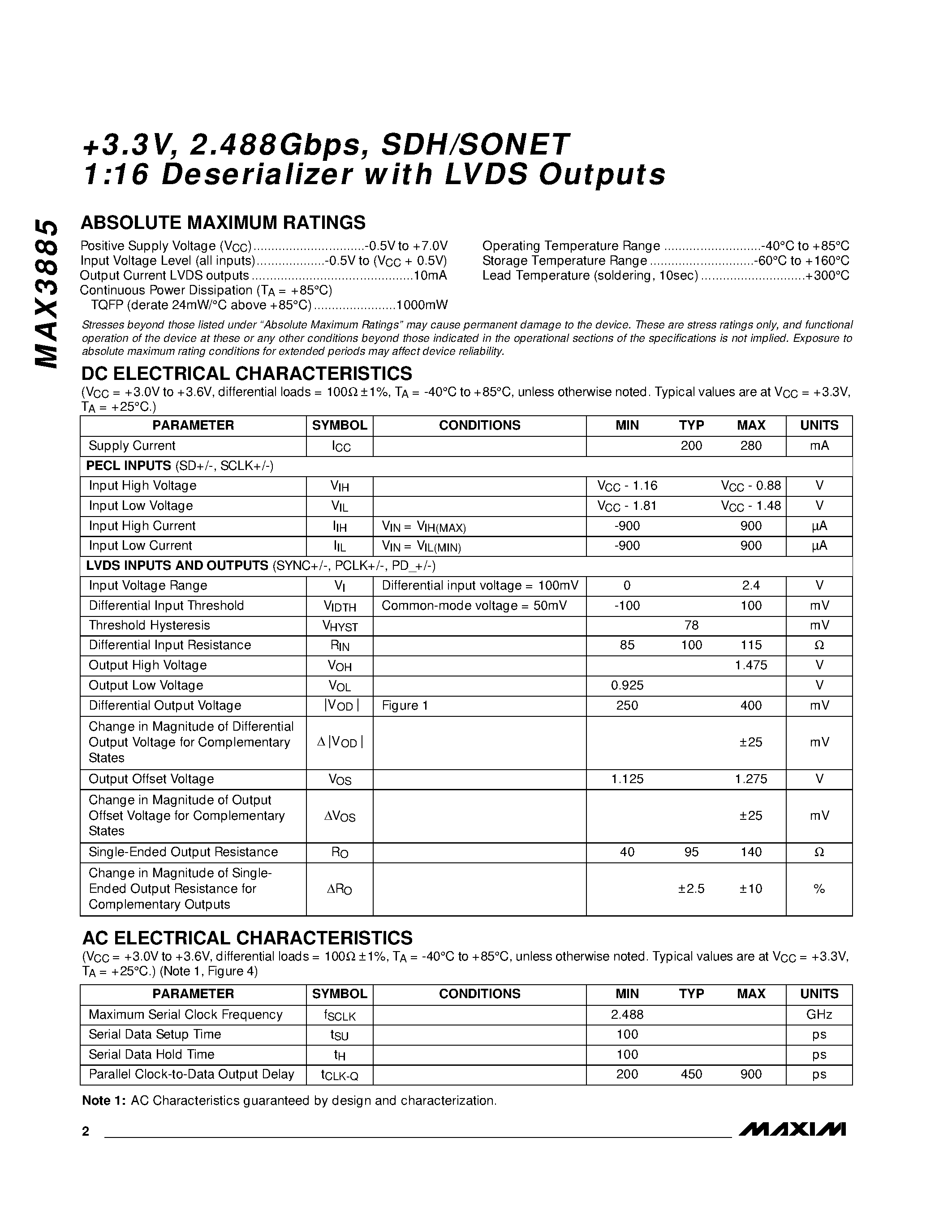 Datasheet MAX3885ECB - +3.3V / 2.488Gbps / SDH/SONET 1:16 Deserializer with LVDS Outputs page 2