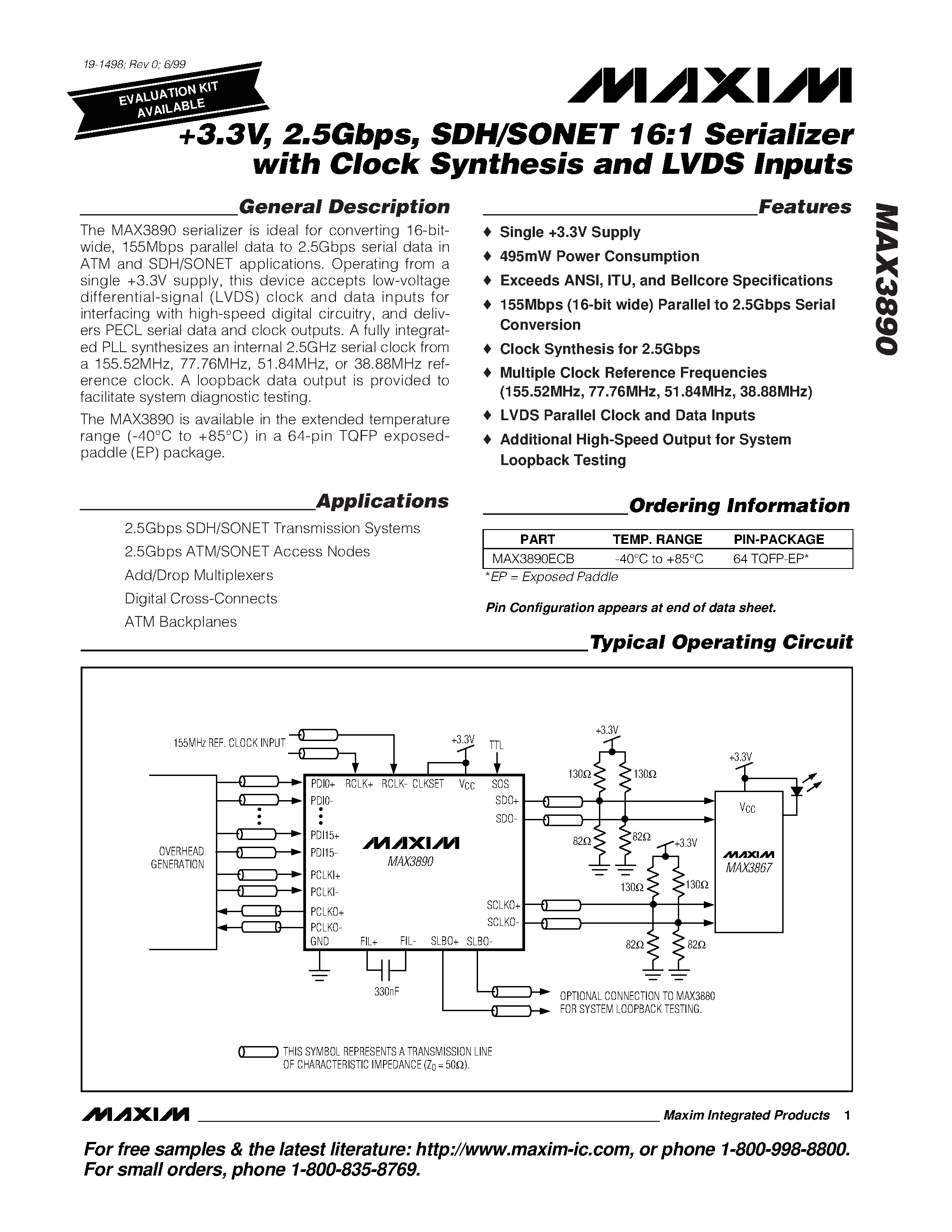 Datasheet MAX3890 - +3.3V / 2.5Gbps / SDH/SONET 16:1 Serializer with Clock Synthesis and LVDS Inputs page 1