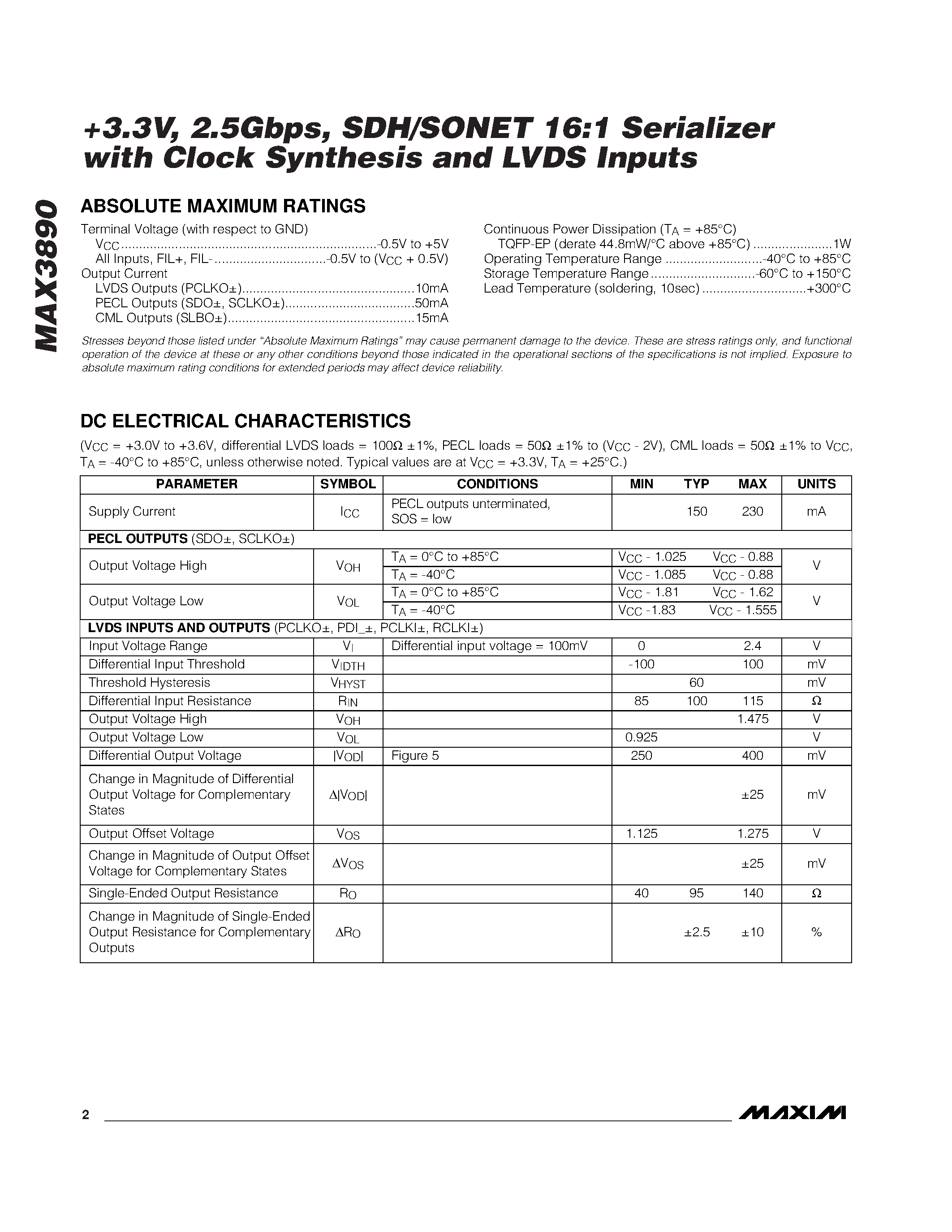 Datasheet MAX3890ECB - +3.3V / 2.5Gbps / SDH/SONET 16:1 Serializer with Clock Synthesis and LVDS Inputs page 2