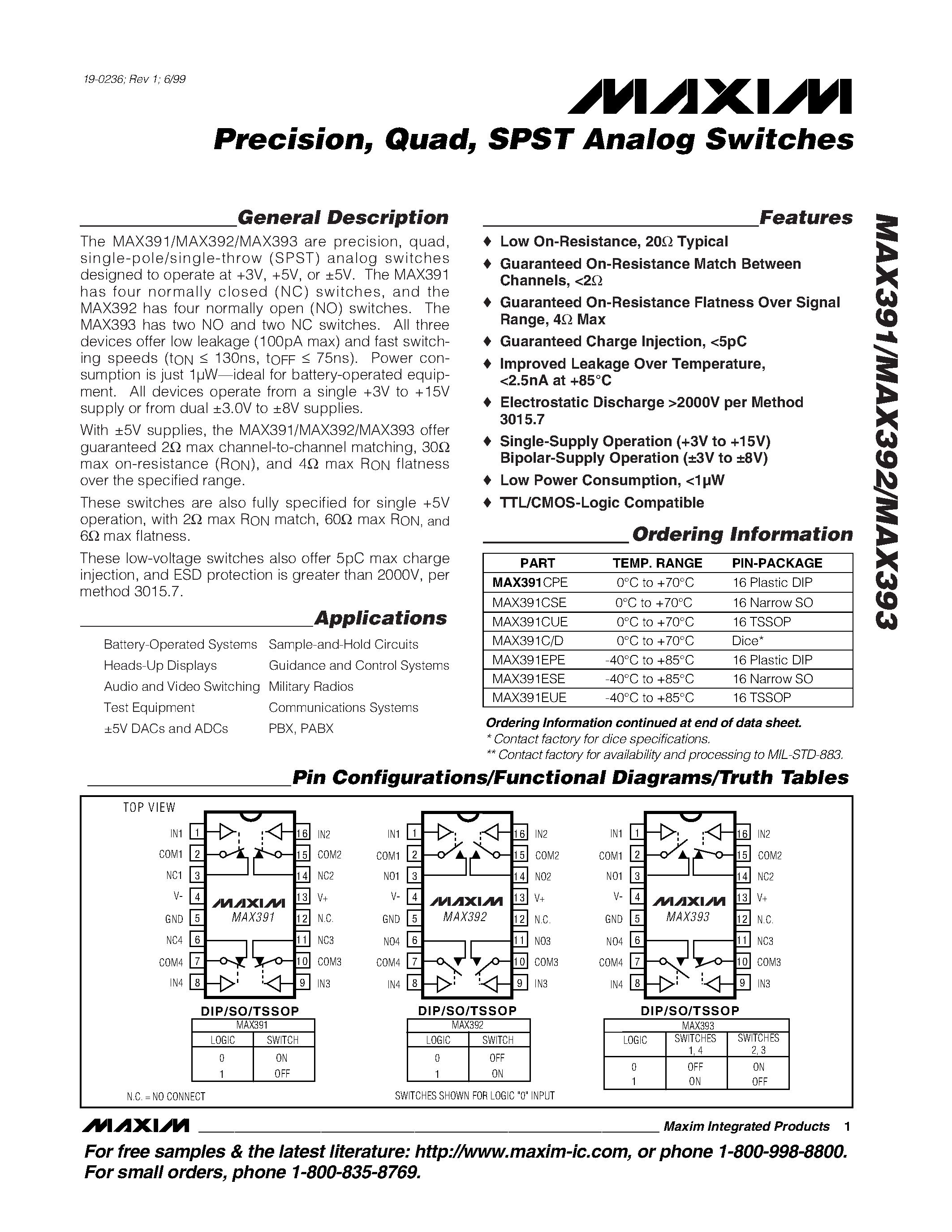 Datasheet MAX391EPE page 1 Datasheet MAX391EPE - Precision / Quad / SPST Analog Switches page 1