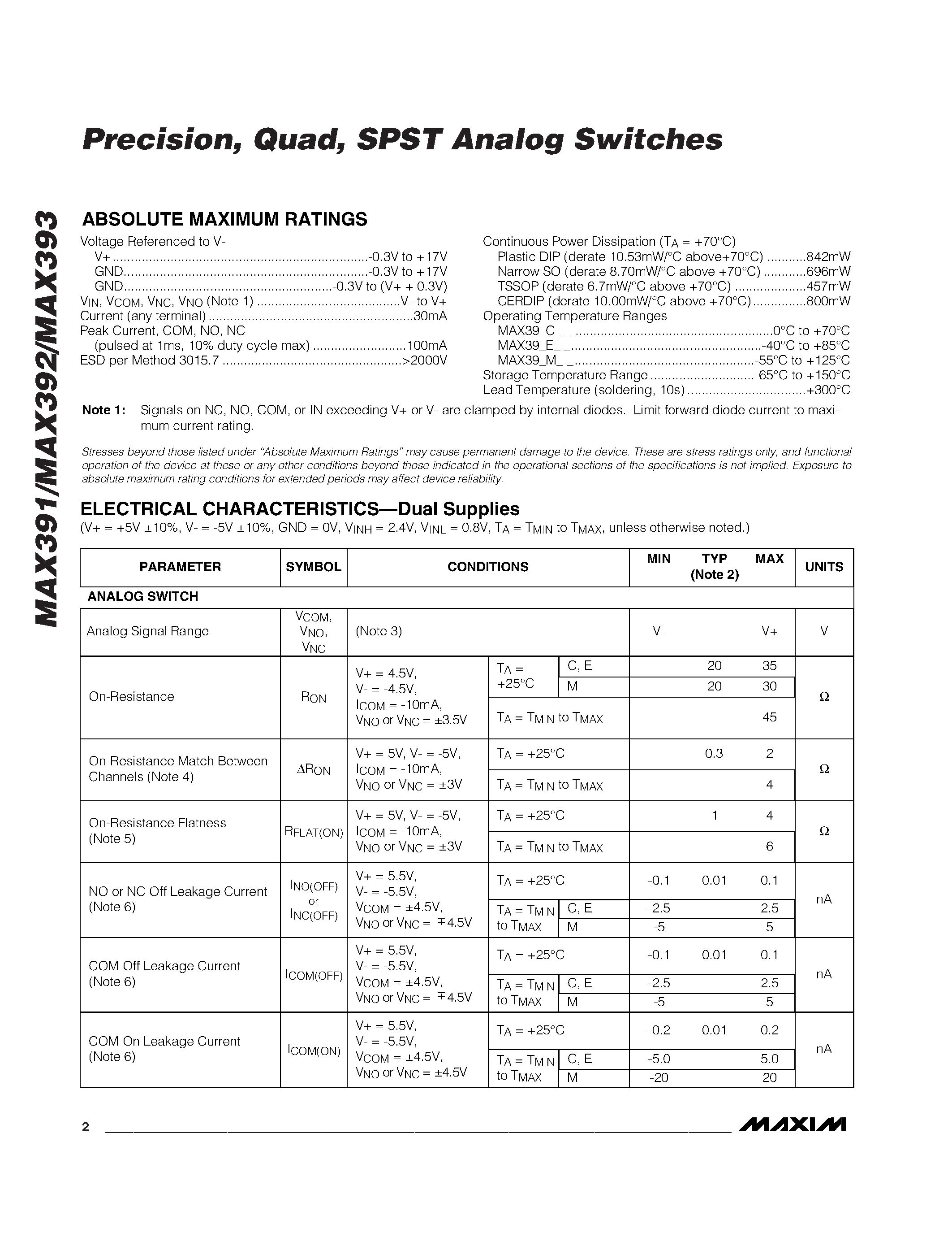 Datasheet MAX391ESE page 2 Datasheet MAX391ESE - Precision / Quad / SPST Analog Switches page 2