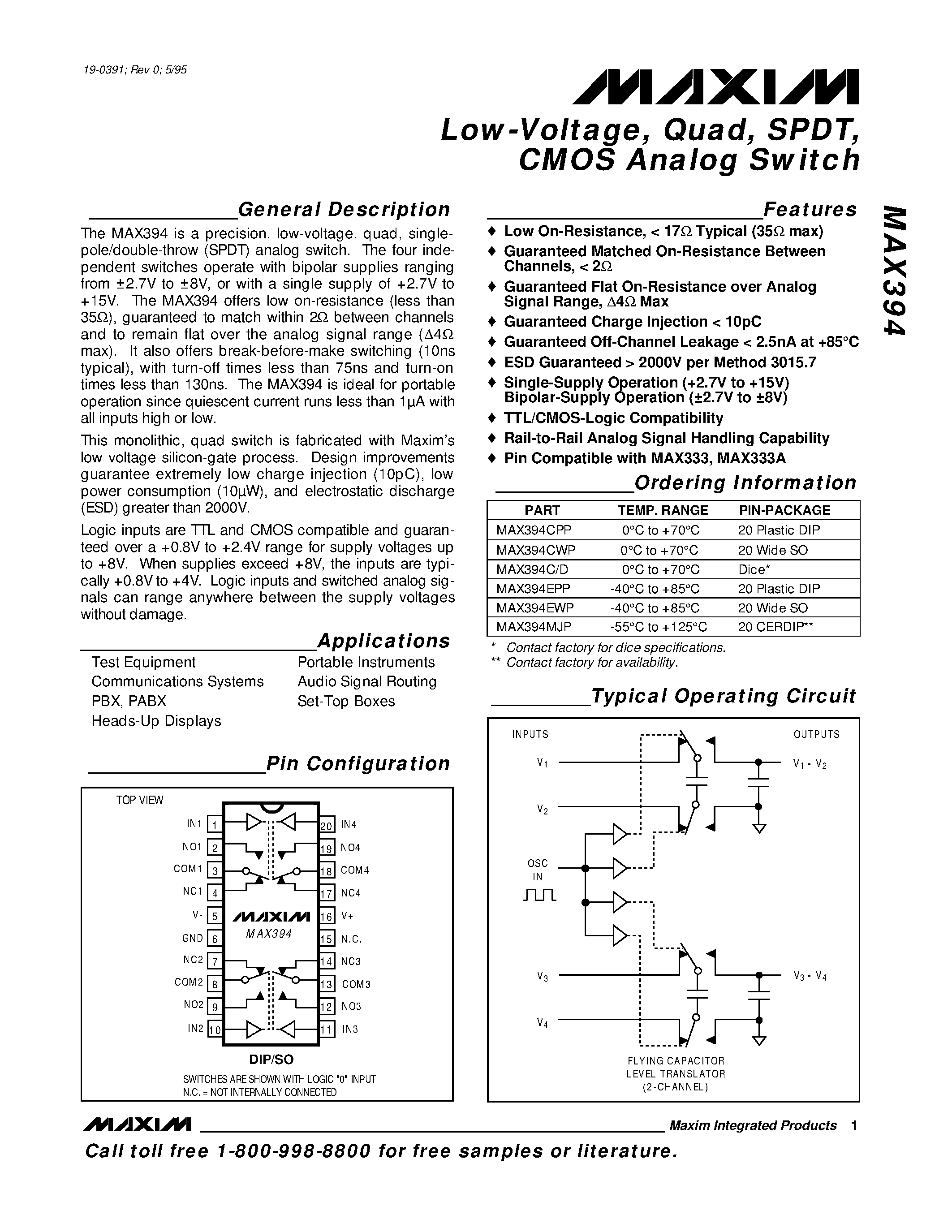 Datasheet MAX394 - Low-Voltage / Quad / SPDT / CMOS Analog Switch page 1
