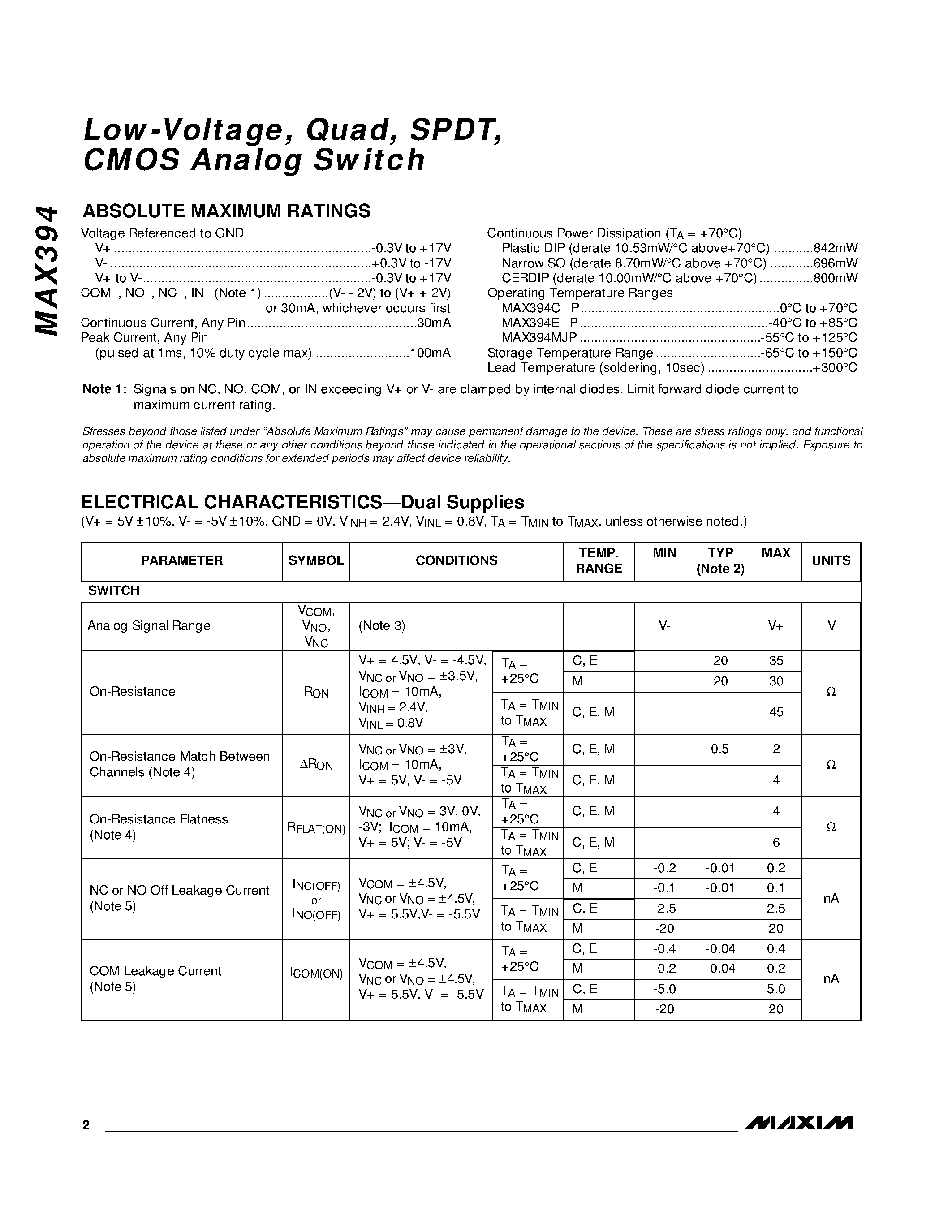 Datasheet MAX394 - Low-Voltage / Quad / SPDT / CMOS Analog Switch page 2