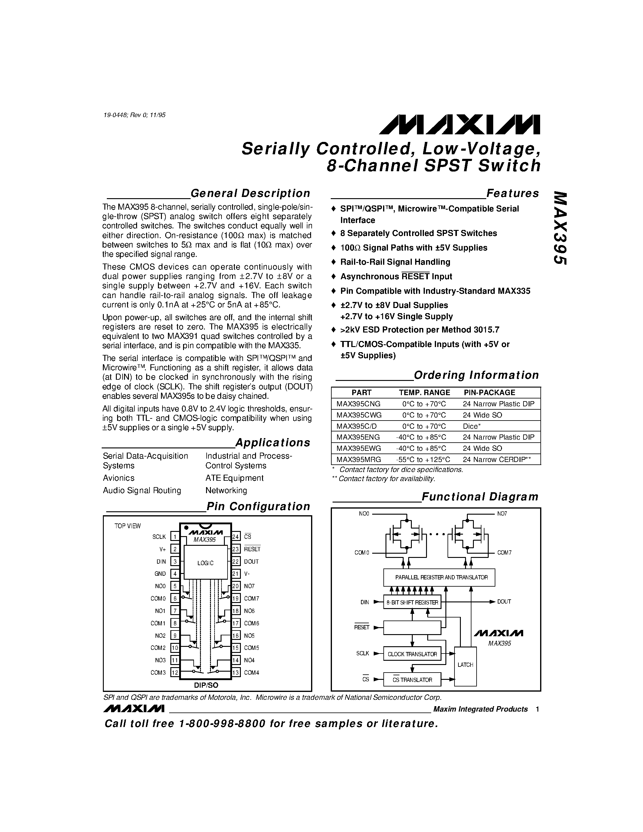 Datasheet MAX395 - Serially Controlled / Low-Voltage / 8-Channel SPST Switch page 1