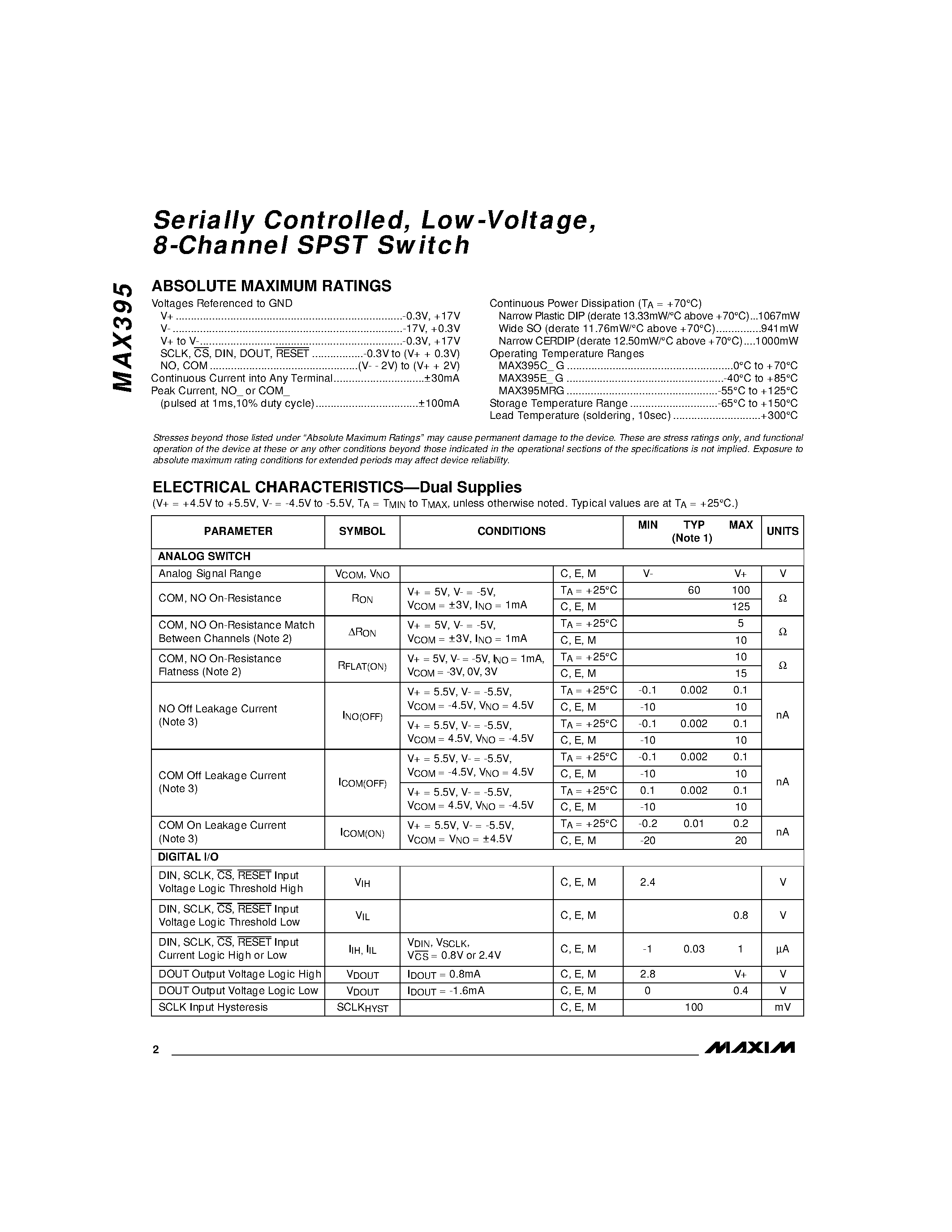 Datasheet MAX395 - Serially Controlled / Low-Voltage / 8-Channel SPST Switch page 2