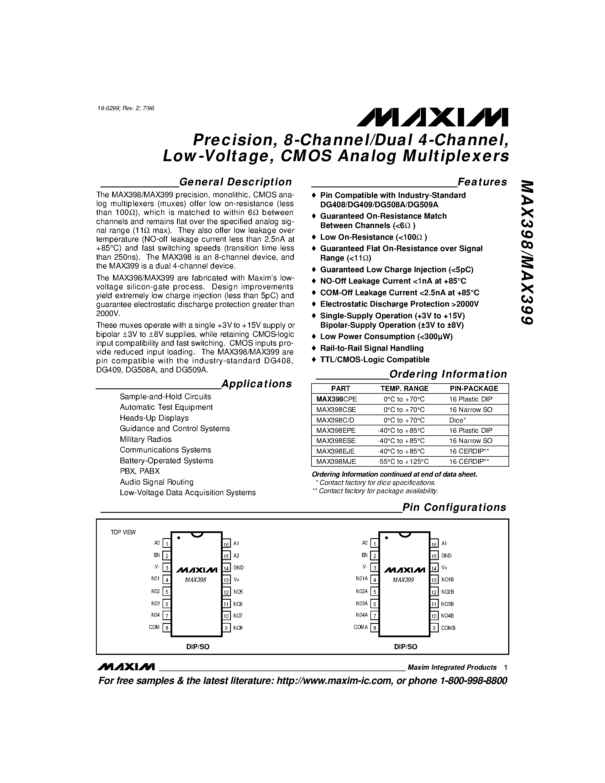 Datasheet MAX399 - Precision / 8-Channel/Dual 4-Channel / Low-Voltage / CMOS Analog Multiplexers page 1