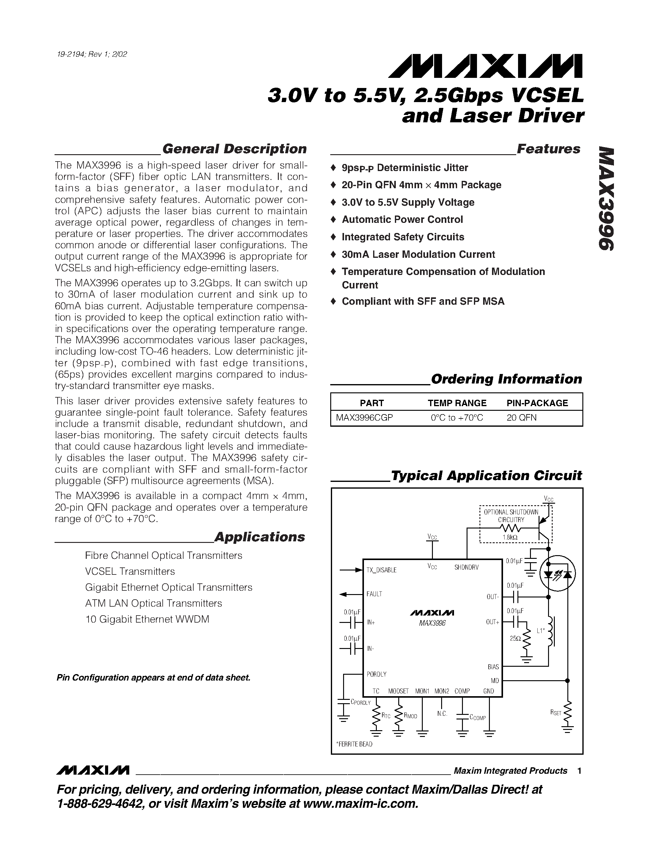 Datasheet MAX3996CGP - 3.0V to 5.5V / 2.5Gbps VCSEL and Laser Driver page 1