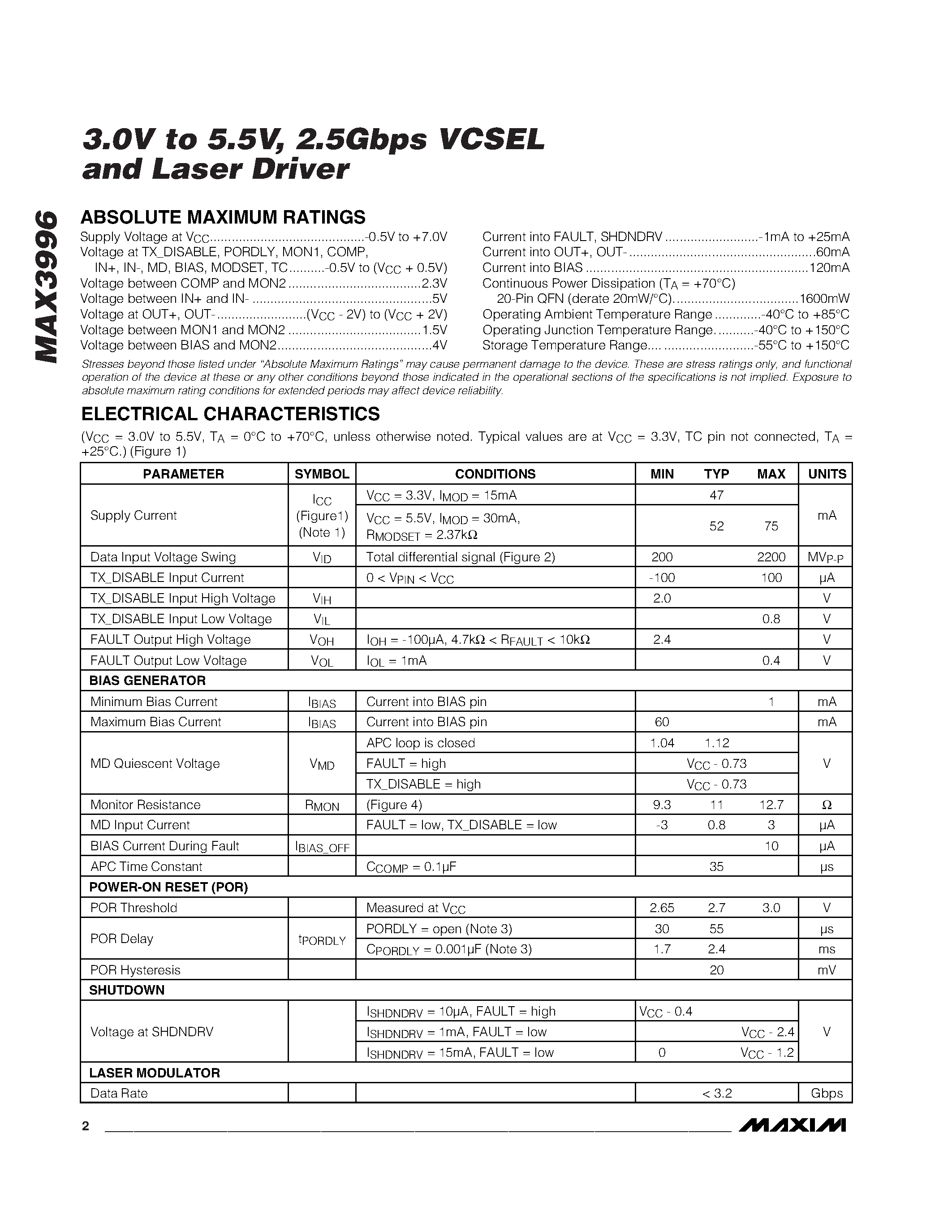 Datasheet MAX3996CGP - 3.0V to 5.5V / 2.5Gbps VCSEL and Laser Driver page 2