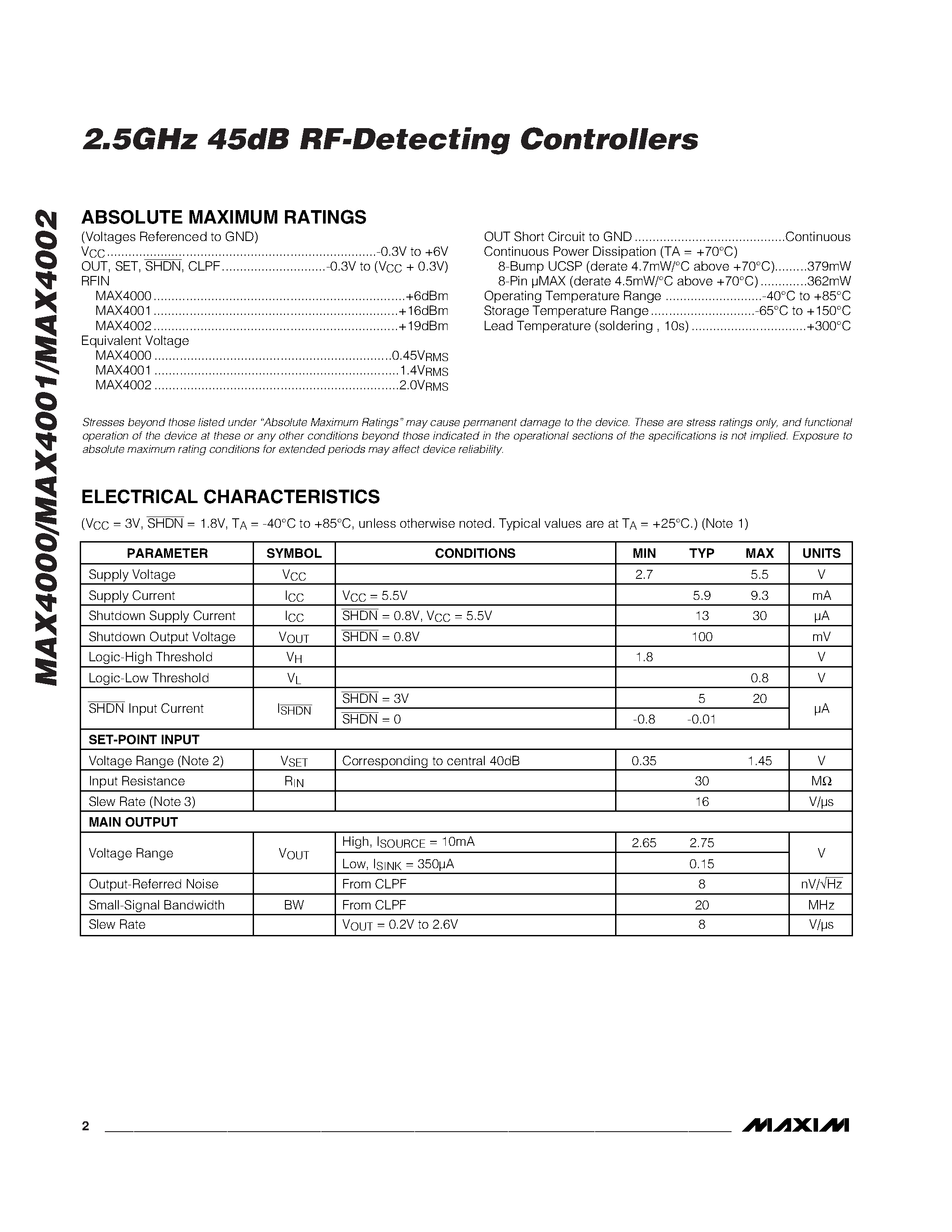 Datasheet MAX4002EBL-T page 2 Datasheet MAX4002EBL-T - 2.5GHz 45dB RF-Detecting Controllers page 2