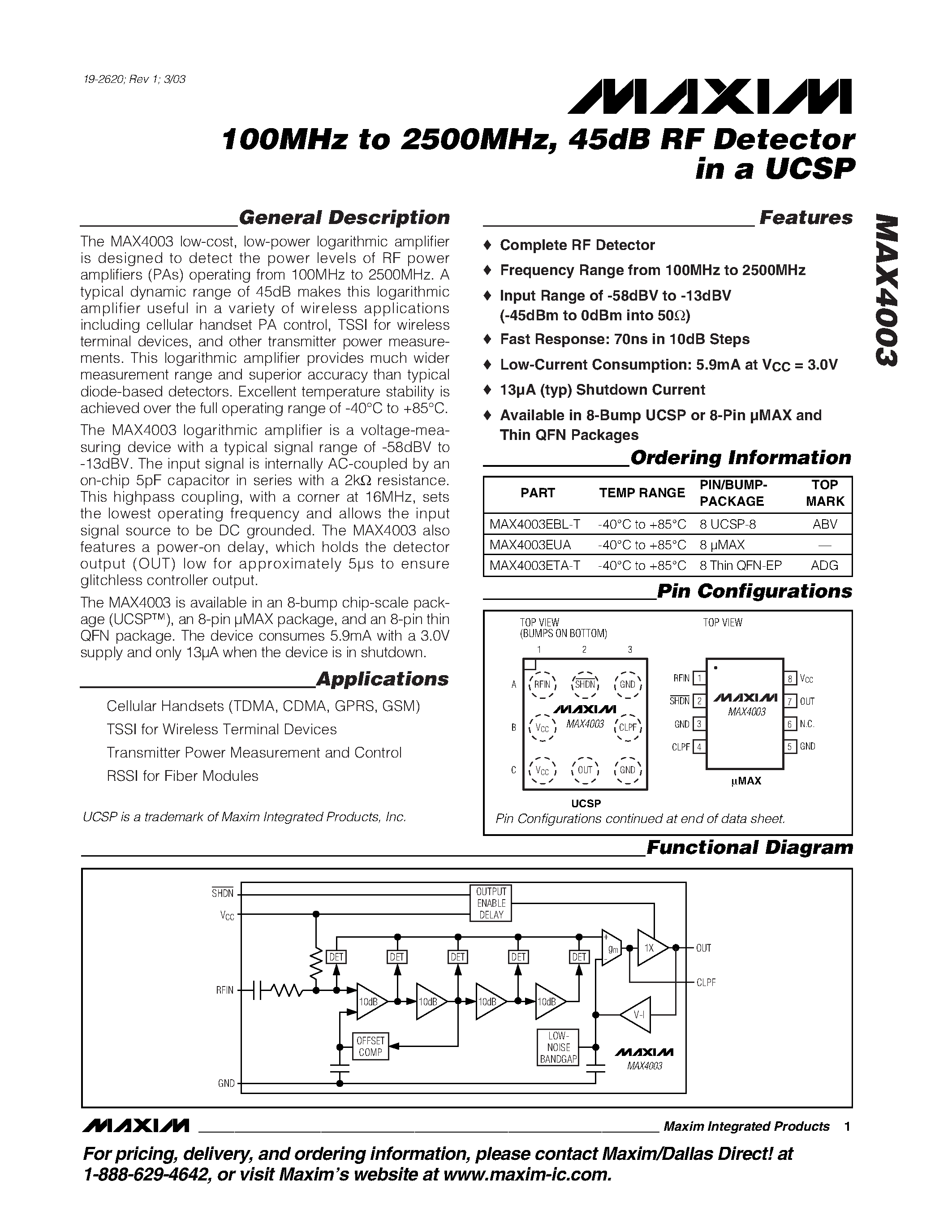 Datasheet MAX4003 - 100MHz to 2500MHz / 45dB RF Detector in a UCSP page 1