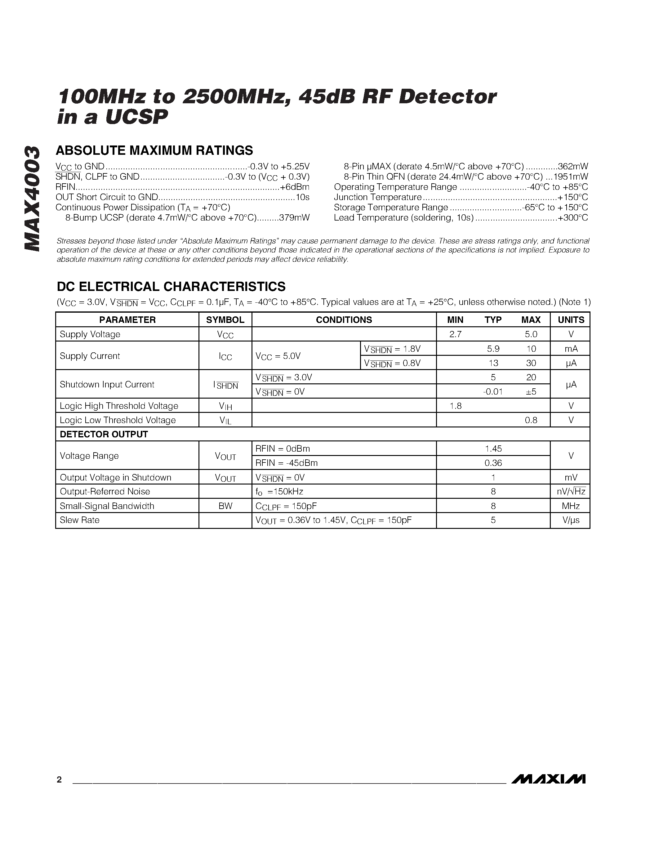 Datasheet MAX4003 - 100MHz to 2500MHz / 45dB RF Detector in a UCSP page 2