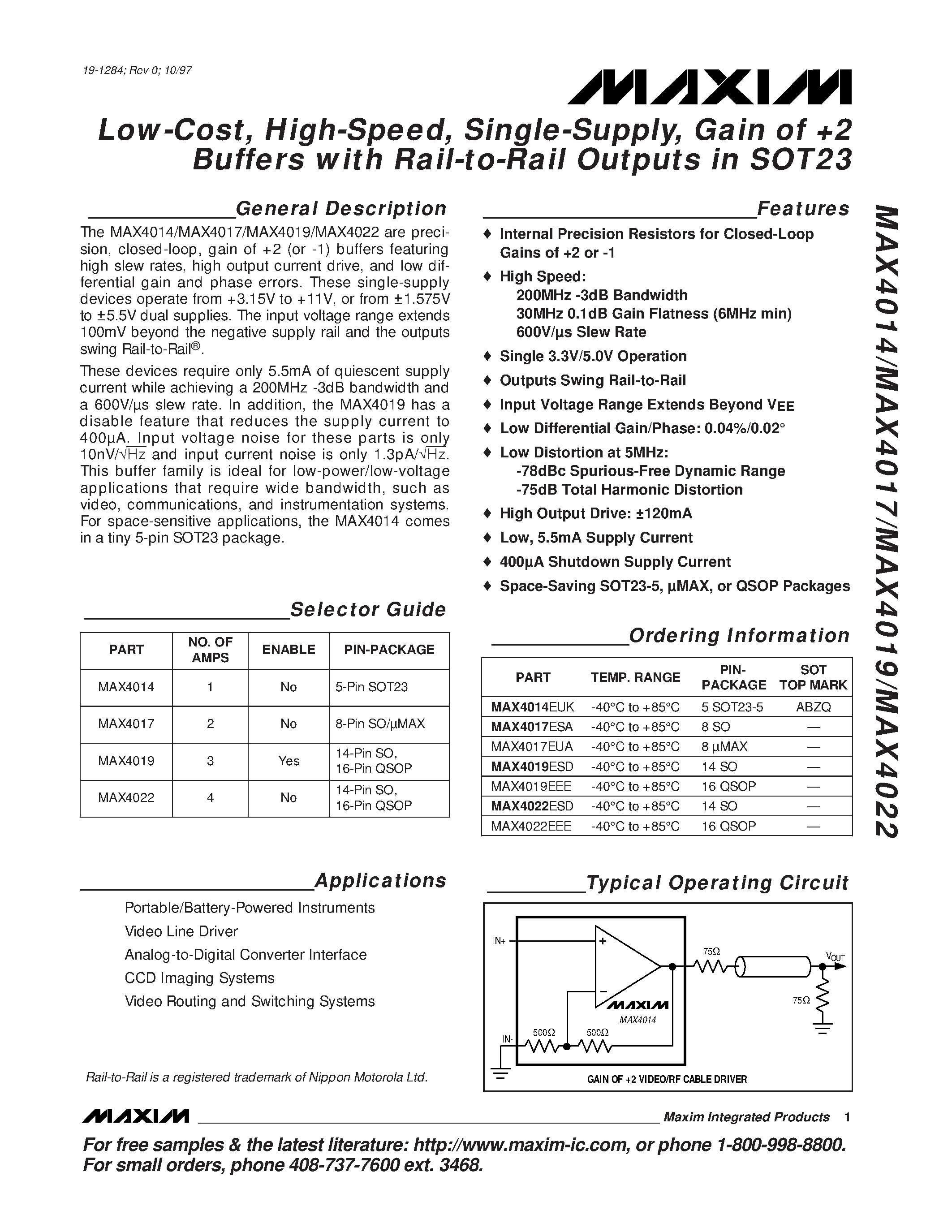 Datasheet MAX4014 - Low-Cost / High-Speed / Single-Supply / Gain of +2 Buffers with Rail-to-Rail Outputs in SOT23 page 1