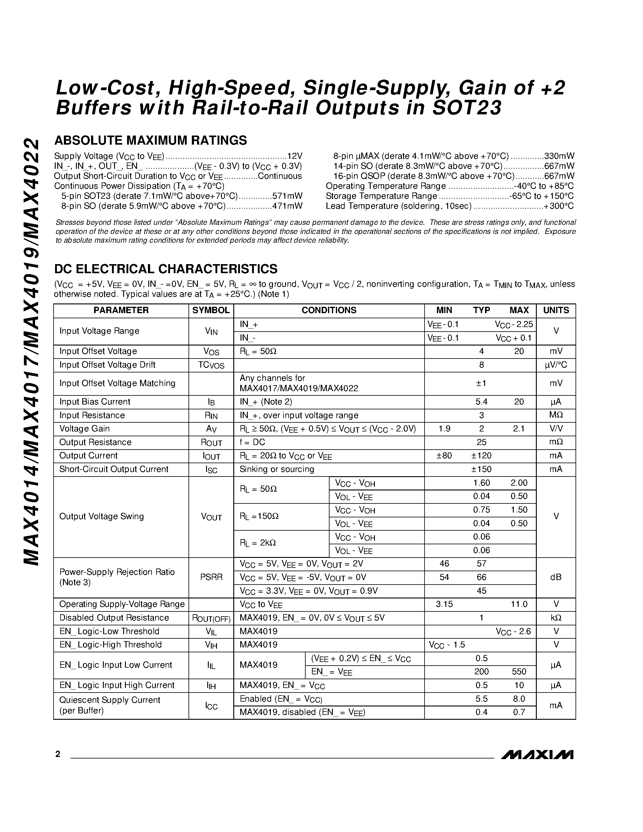 Datasheet MAX4022EEE - Low-Cost / High-Speed / Single-Supply / Gain of +2 Buffers with Rail-to-Rail Outputs in SOT23 page 2