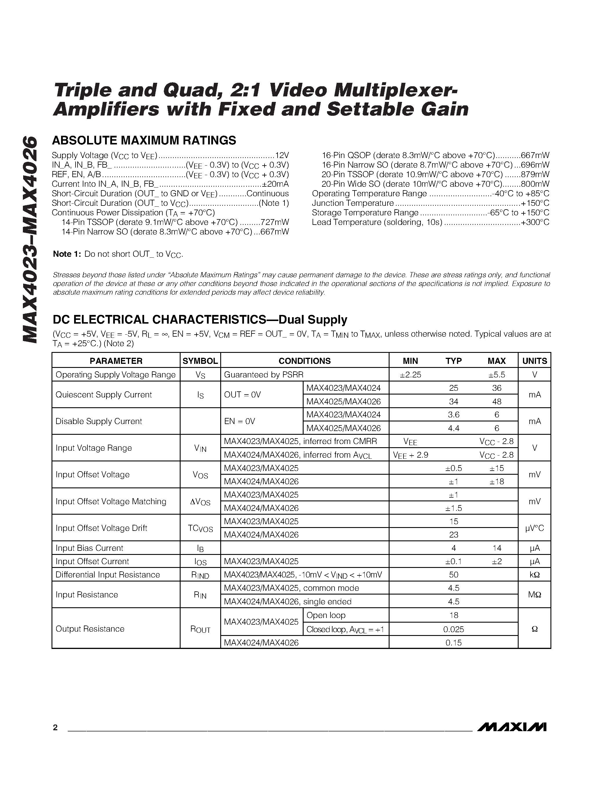 Datasheet MAX4023ESE - Triple and Quad / 2:1 Video Multiplexer- Amplifiers with Fixed and Settable Gain page 2