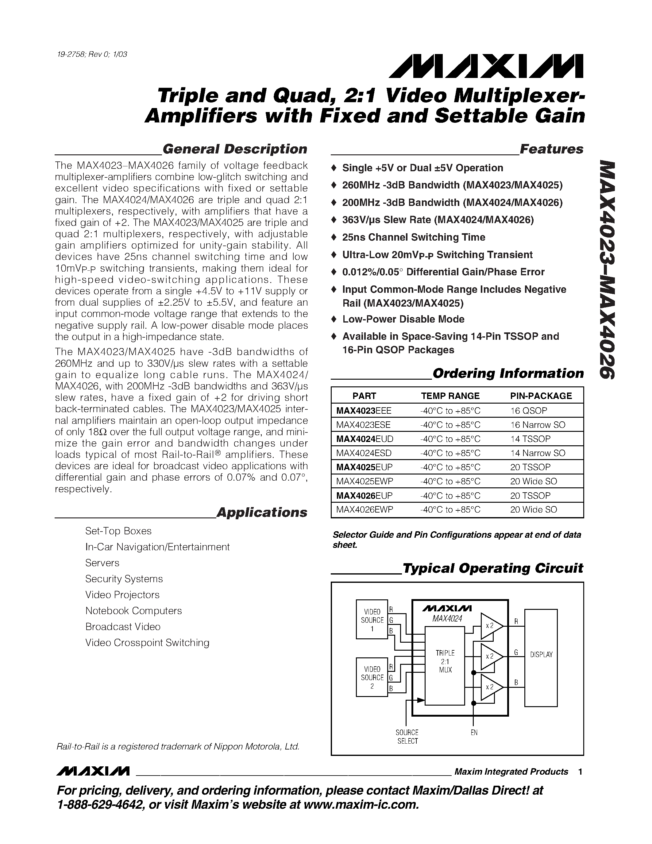 Datasheet MAX4026EWP - Triple and Quad / 2:1 Video Multiplexer- Amplifiers with Fixed and Settable Gain page 1