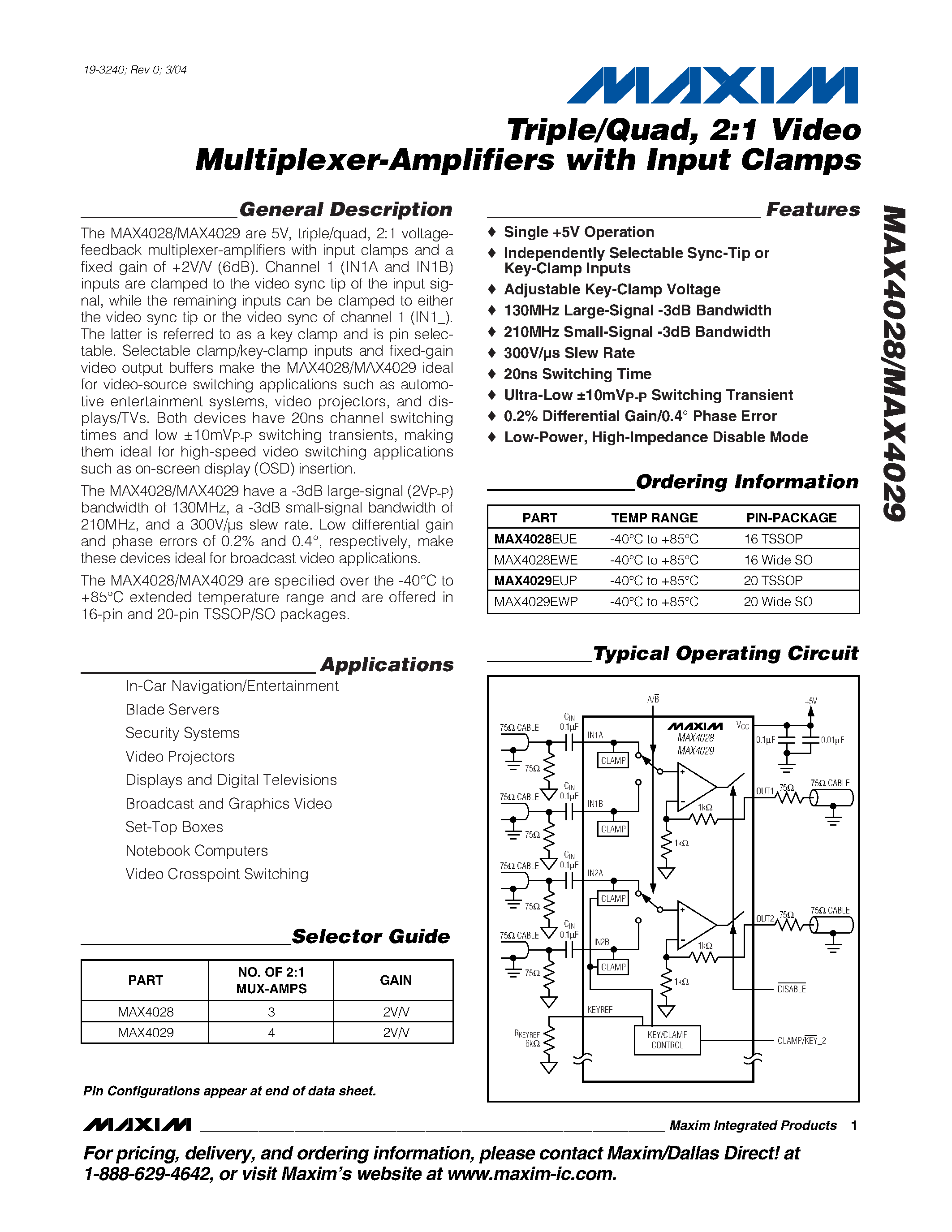 Datasheet MAX4028 - Triple/Quad / 2:1 Video Multiplexer-Amplifiers with Input Clamps page 1